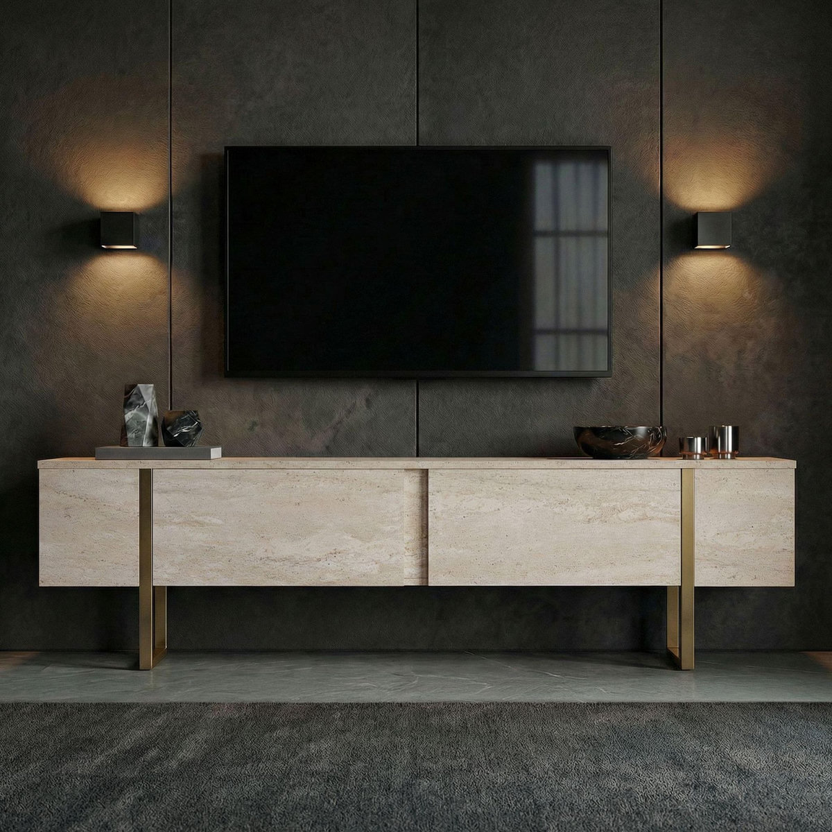 Habitat et Jardin Meuble TV en bois  Onera  - 180 x 30 x 50 cm - Travertin / Or