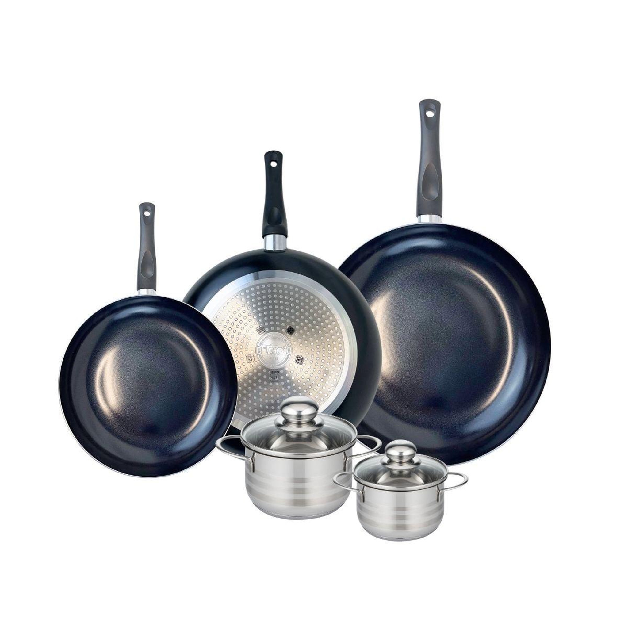 Voir la diapositive 1 : ELO Ensemble de 3 Poêles de cuisson 24, 28 et 32 cm et 2 faitouts 12 et 14 cm Elo Prima Brillant