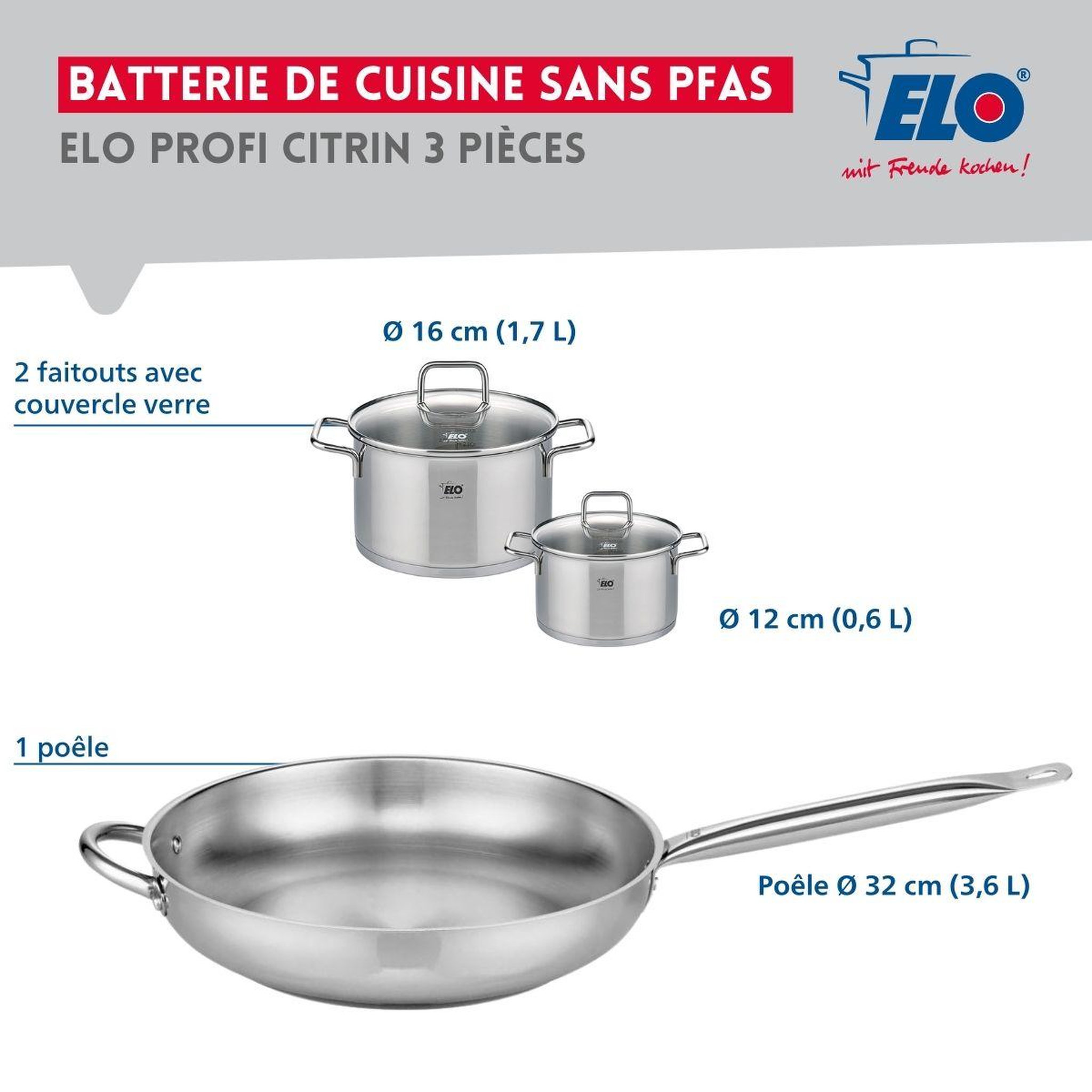 Voir la diapositive 2 : ELO Ensemble de 1 poêle de cuisson 32 cm et 2 faitouts 12 et 16 cm elo profi citrin