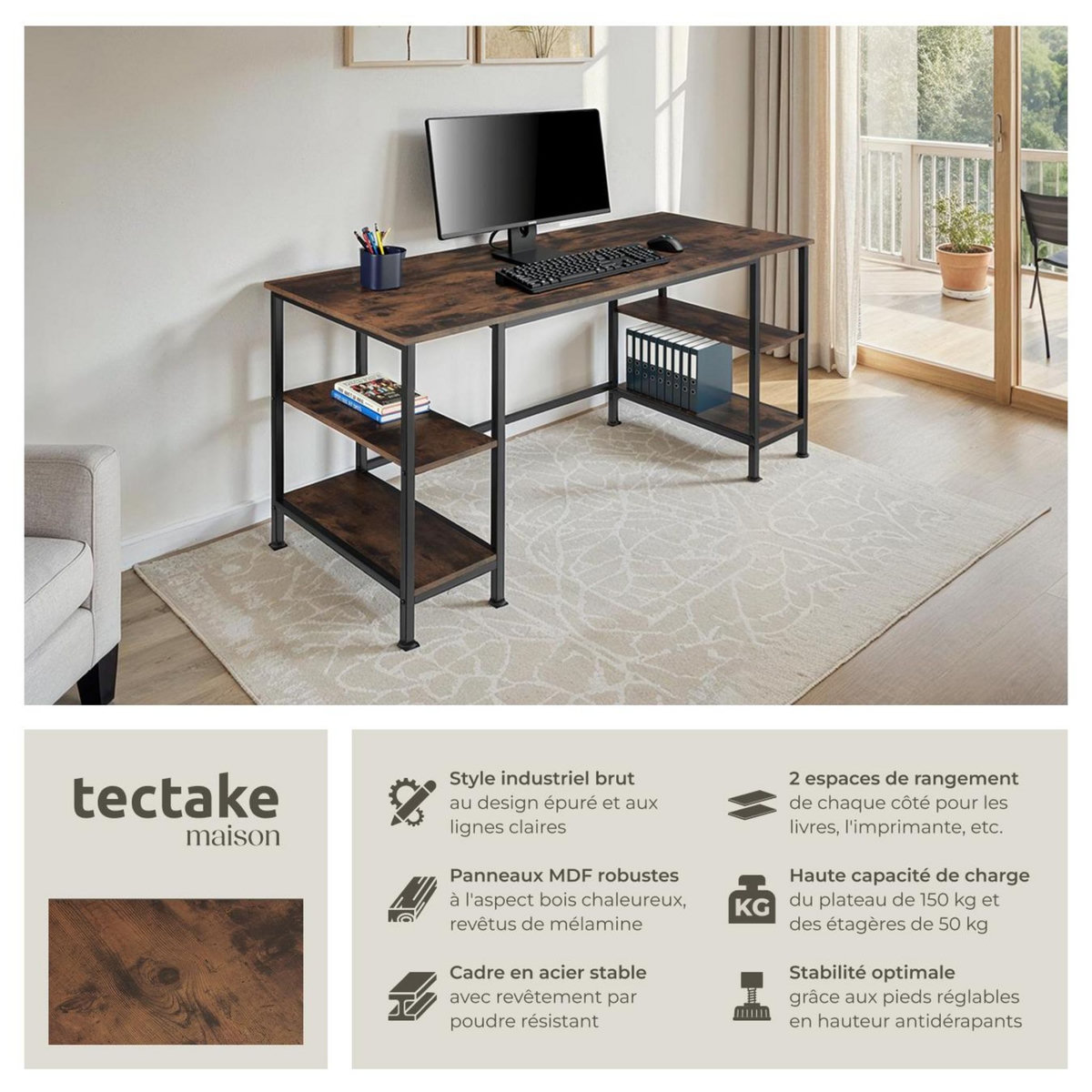 tectake Bureau Style industriel 2 étagères latérales avec 2 compartiments de stockage