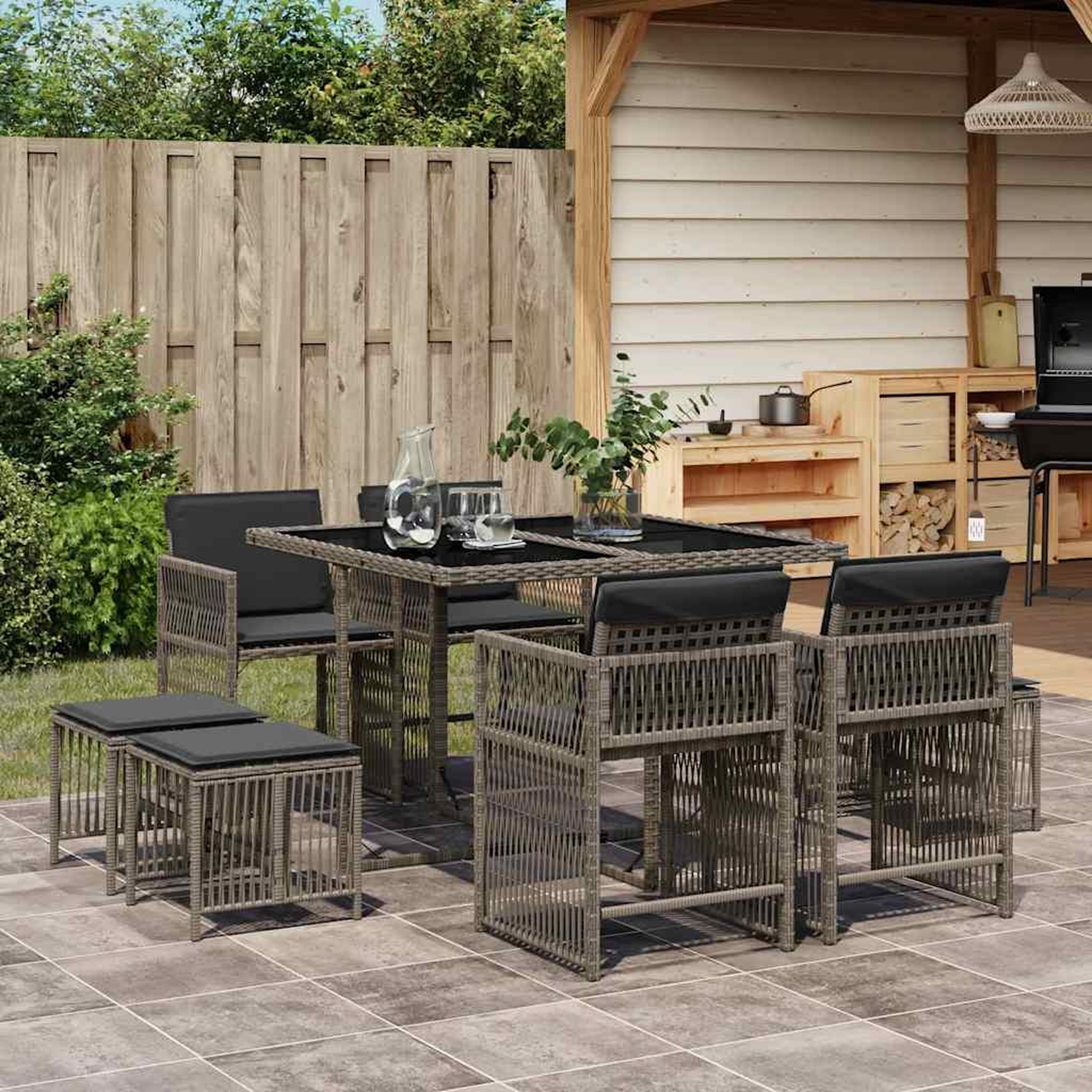 VIDAXL Ensemble a manger de jardin 9 pcs coussins gris resine tressee