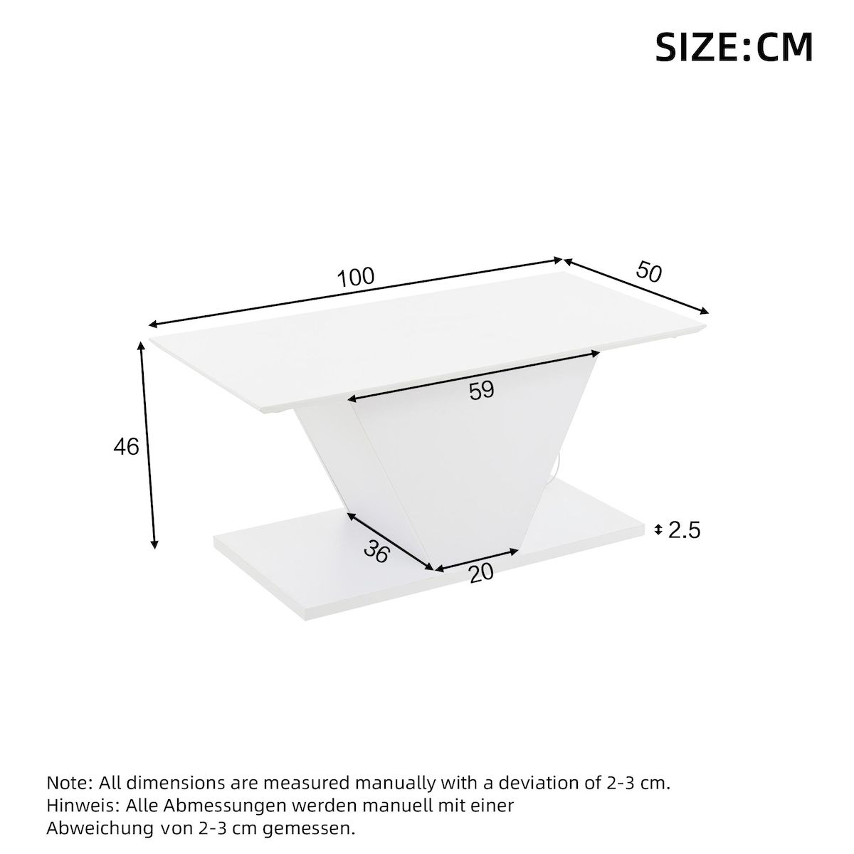 MERAX Table basse rectangulaire blanc - 50x100 cm led panneau de particules