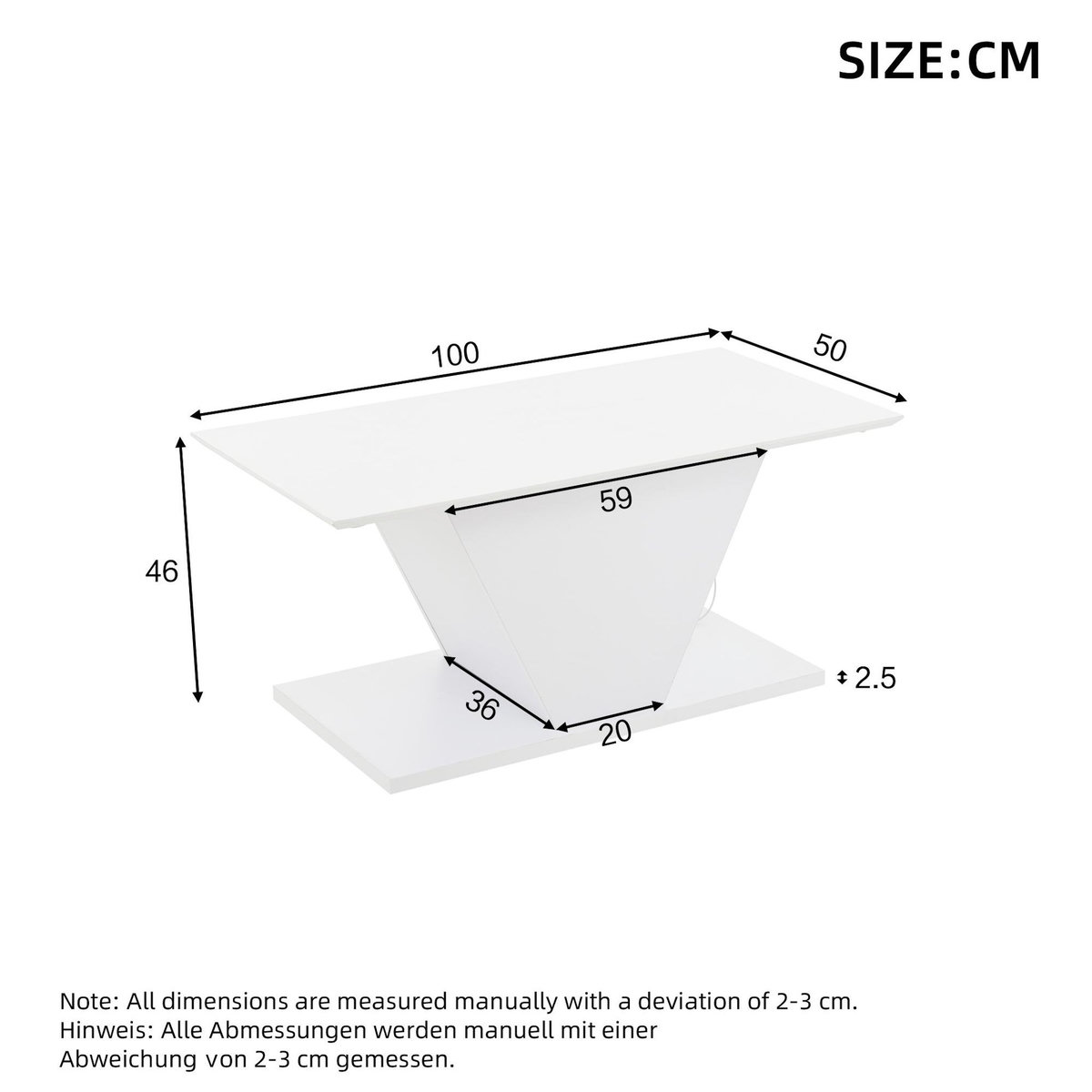 MERAX Table basse rectangulaire blanc - 50x100 cm led panneau de particules