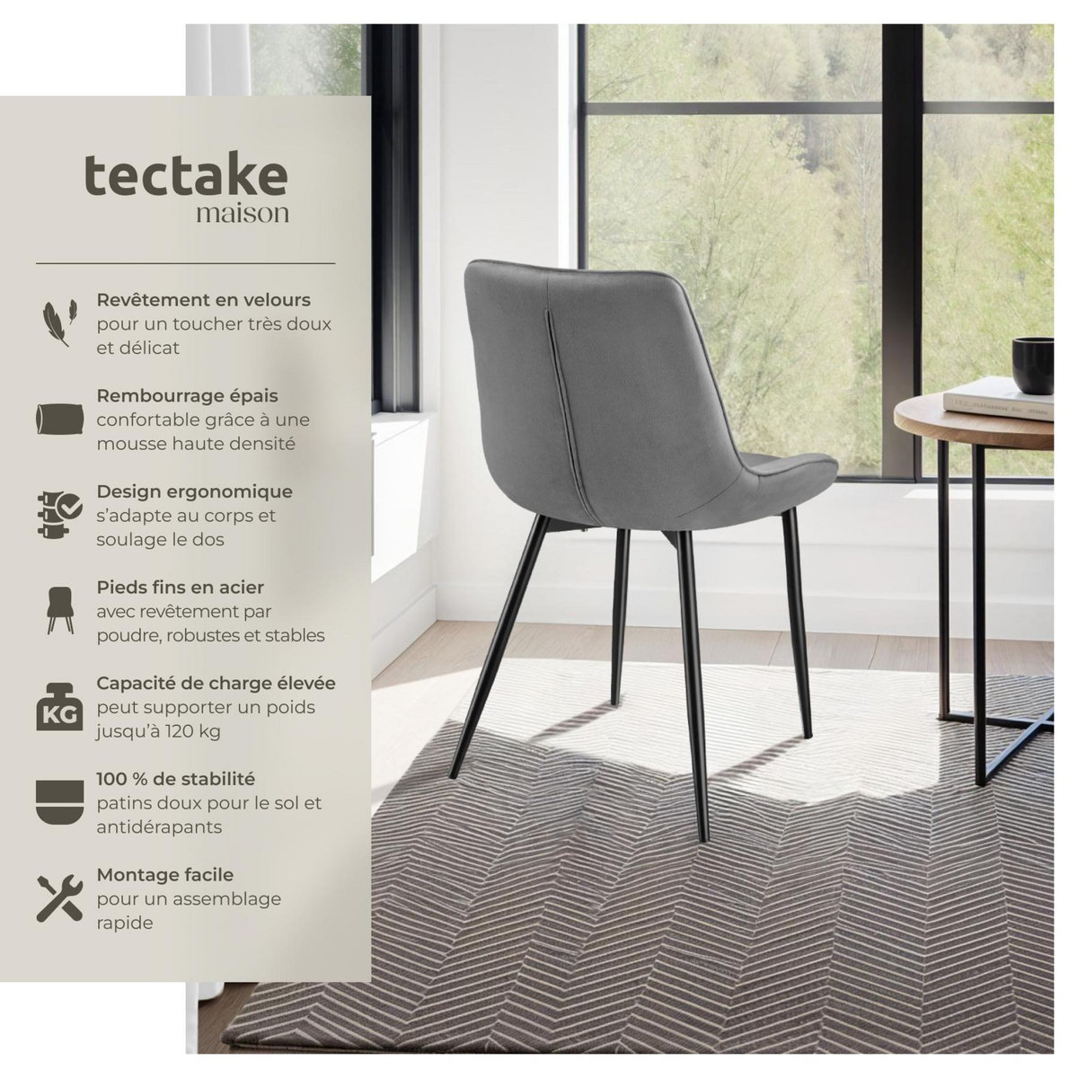 tectake Lot de chaises rembourrées aspect velours gris Lot de 6