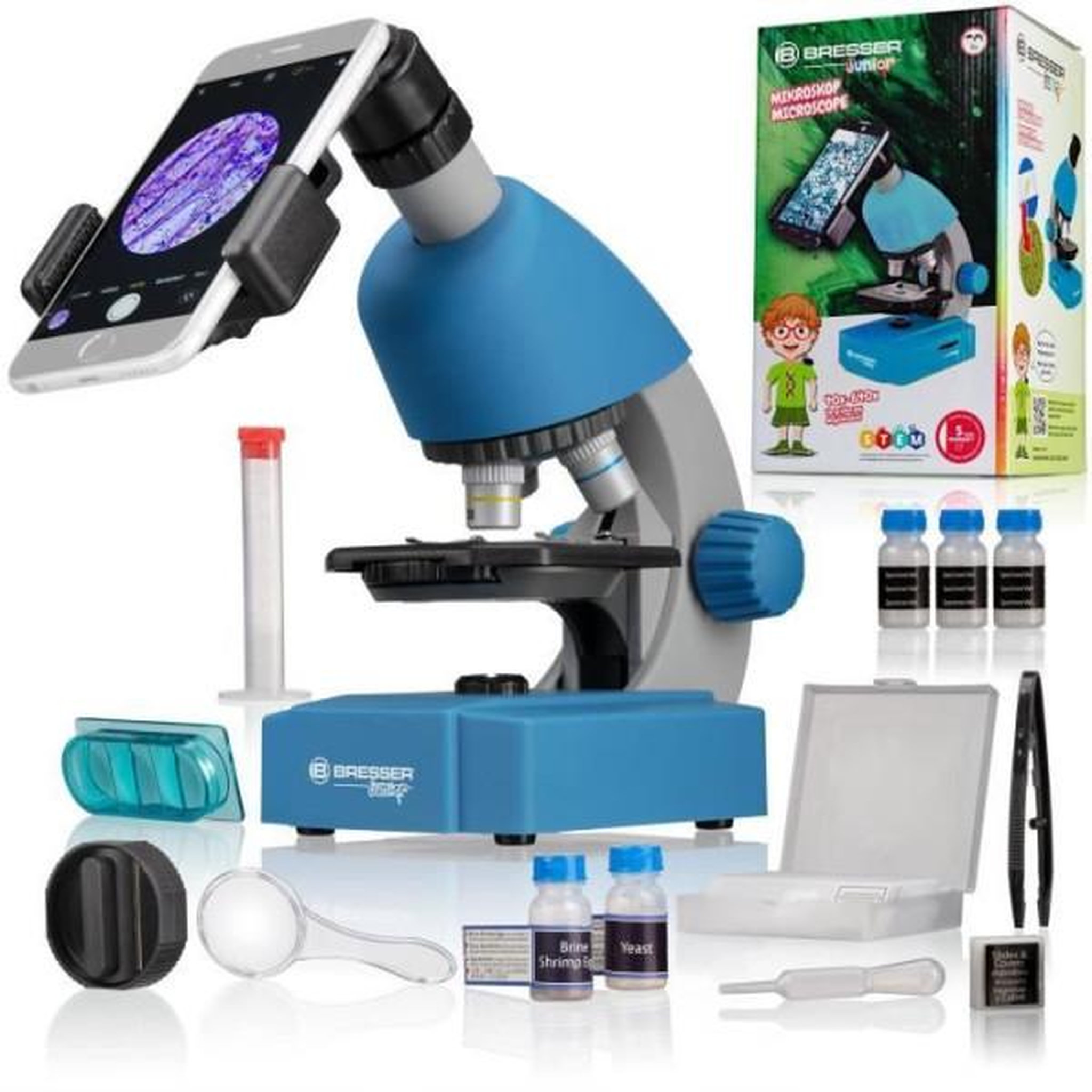 Bresser Microscope 40x-640x - bresser junior - éclairage led - kit d'expérimentation - bleu