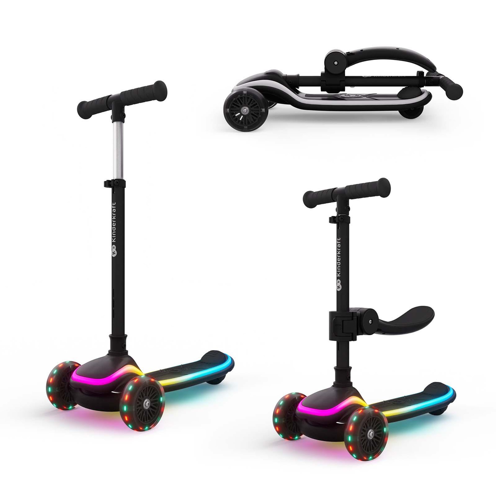 KINDERKRAFT Trottinette Kinderkraft RAKET UP 2-en-1 avec siège réglable, roues RGB LED, plateau lumineux, pliable dès bébé, Noir