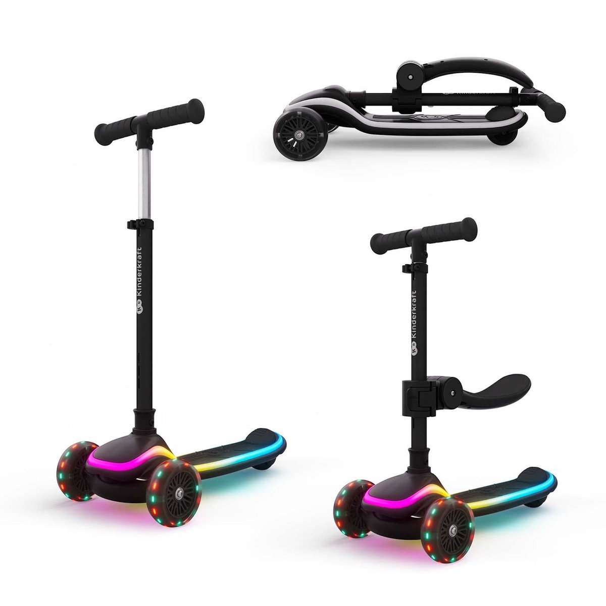 KINDERKRAFT Trottinette Kinderkraft RAKET UP 2-en-1 avec siège réglable, roues RGB LED, plateau lumineux, pliable dès bébé, Noir