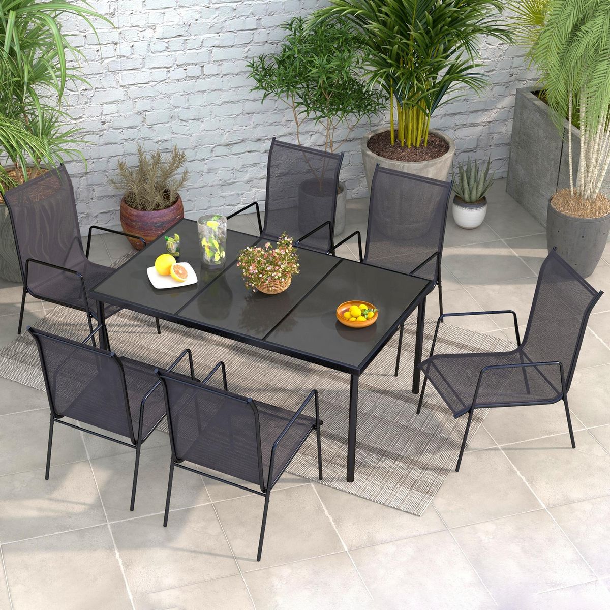 OUTSUNNY Ensemble de jardin 6 pers. 6 chaises empilables table plateau verre trempé 5 mm métal époxy textilène noir
