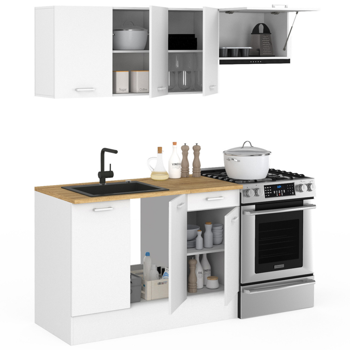 ID MARKET Cuisine complète 180 cm SUBTIL avec plan de travail 5 éléments blanc et plateaux bois