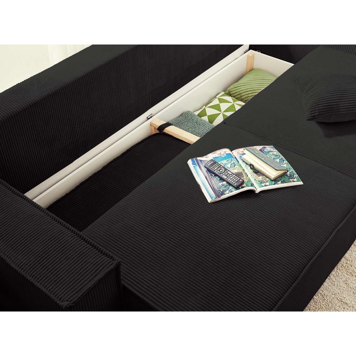 BEST MOBILIER Dellia - canapé 3 places convertible - avec coffre - en velours côtelé - style contemporain