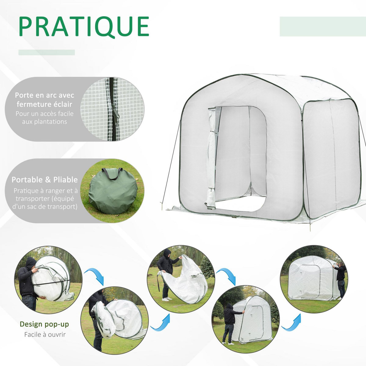 OUTSUNNY Serre pop-up - serre de jardin pop-up - porte zippée enroulable - dim. 2,08L x 2,08l x 1,95H m - sac transport inclus - PE blanc vert