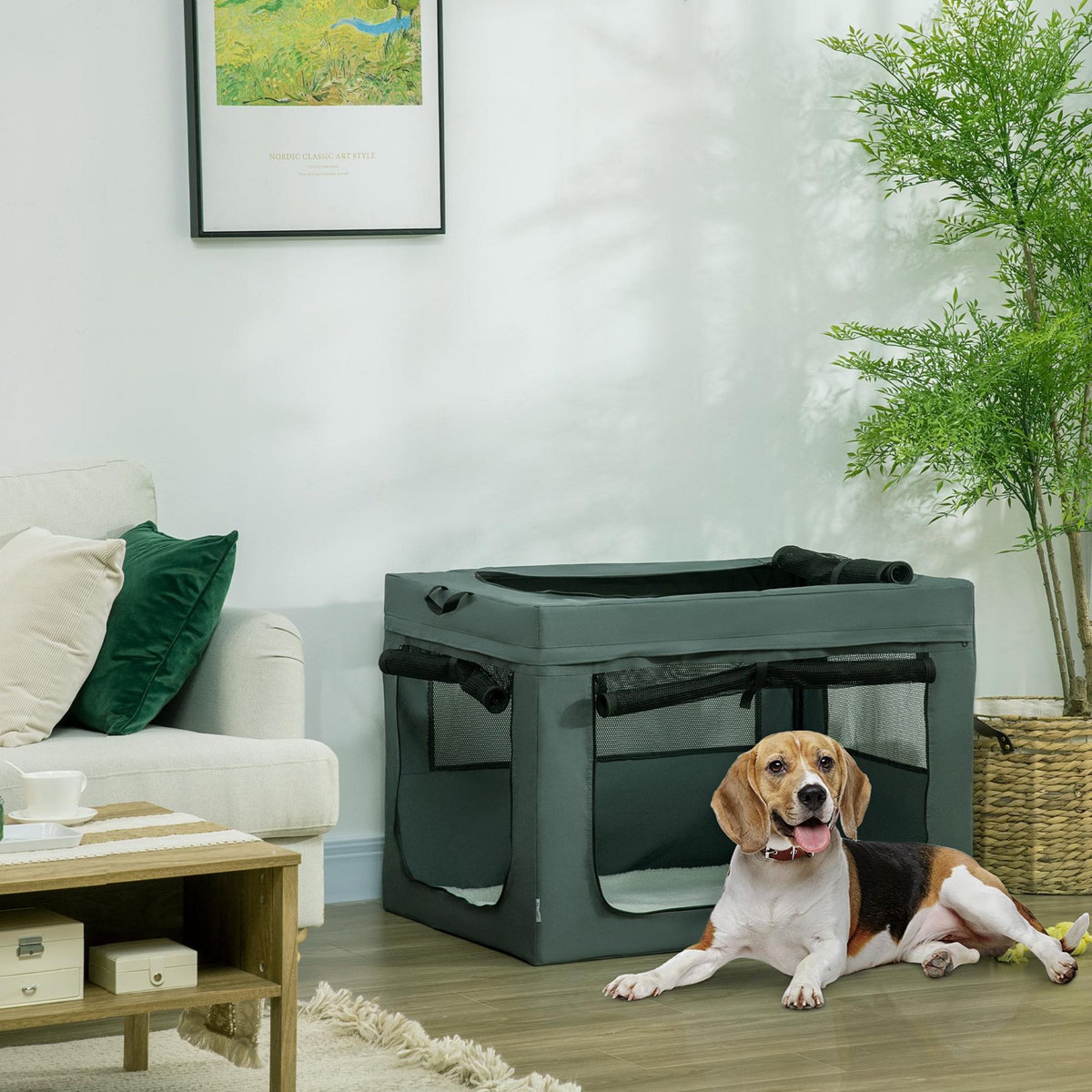 PAWHUT Sac de transport pliable pour chien chat - 2 poignées, 3 portes - dim. 89L x 62l x 62H cm - acier polyester gris