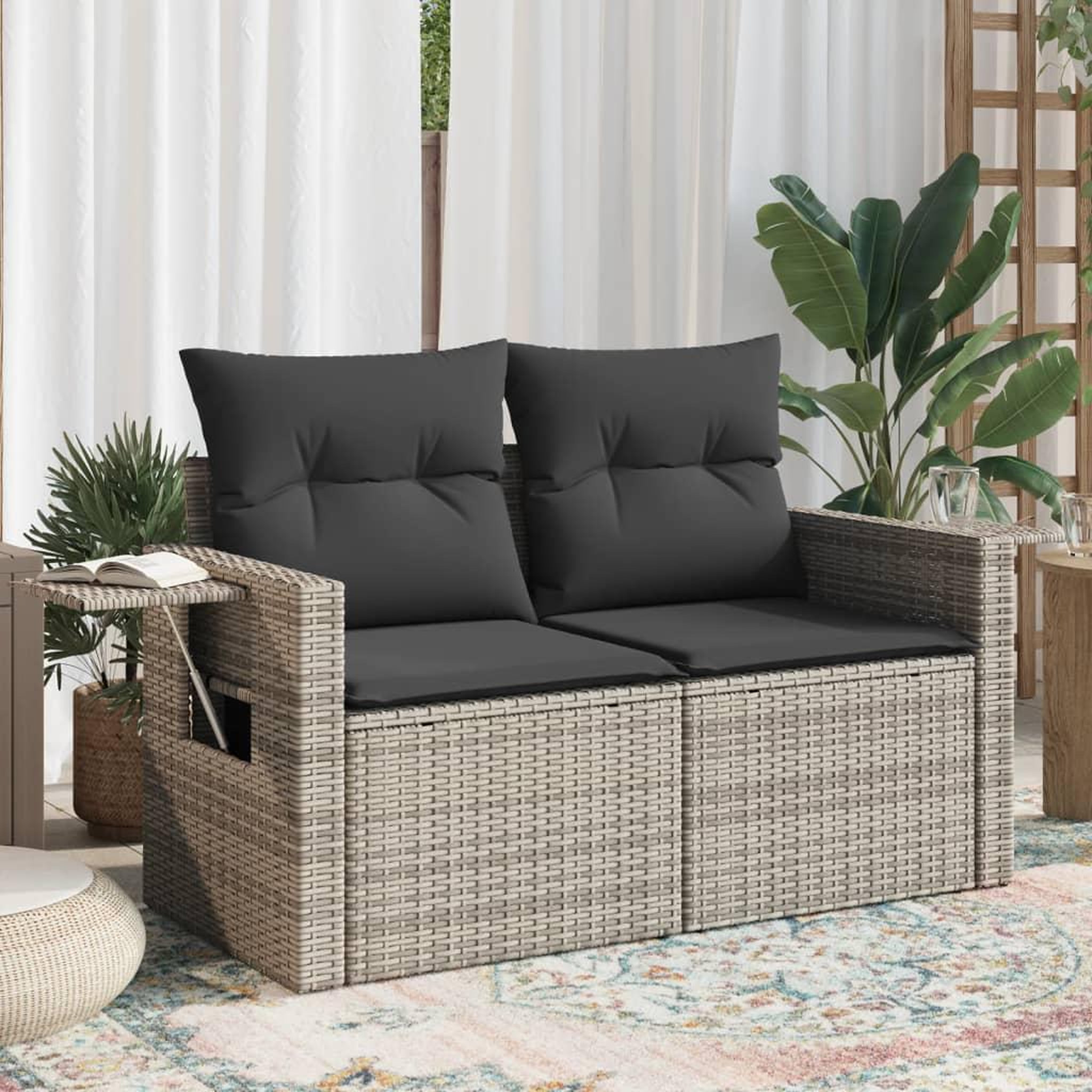 Voir la diapositive 1 : VIDAXL Canape de jardin 2 places avec coussins gris resine tressee