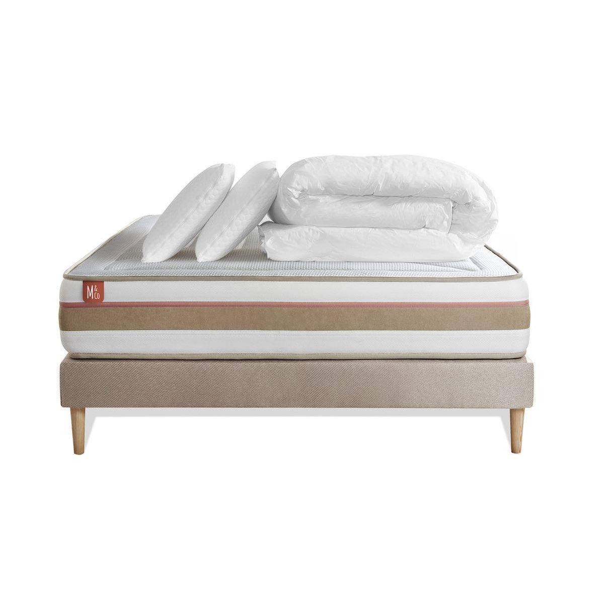 MARMOTTES&CO Pack prêt à dormir matelas LE TENDRE 140x190 Ressorts ensachés + Mémoire de forme + sommier Beige + 2 oreillers + couette