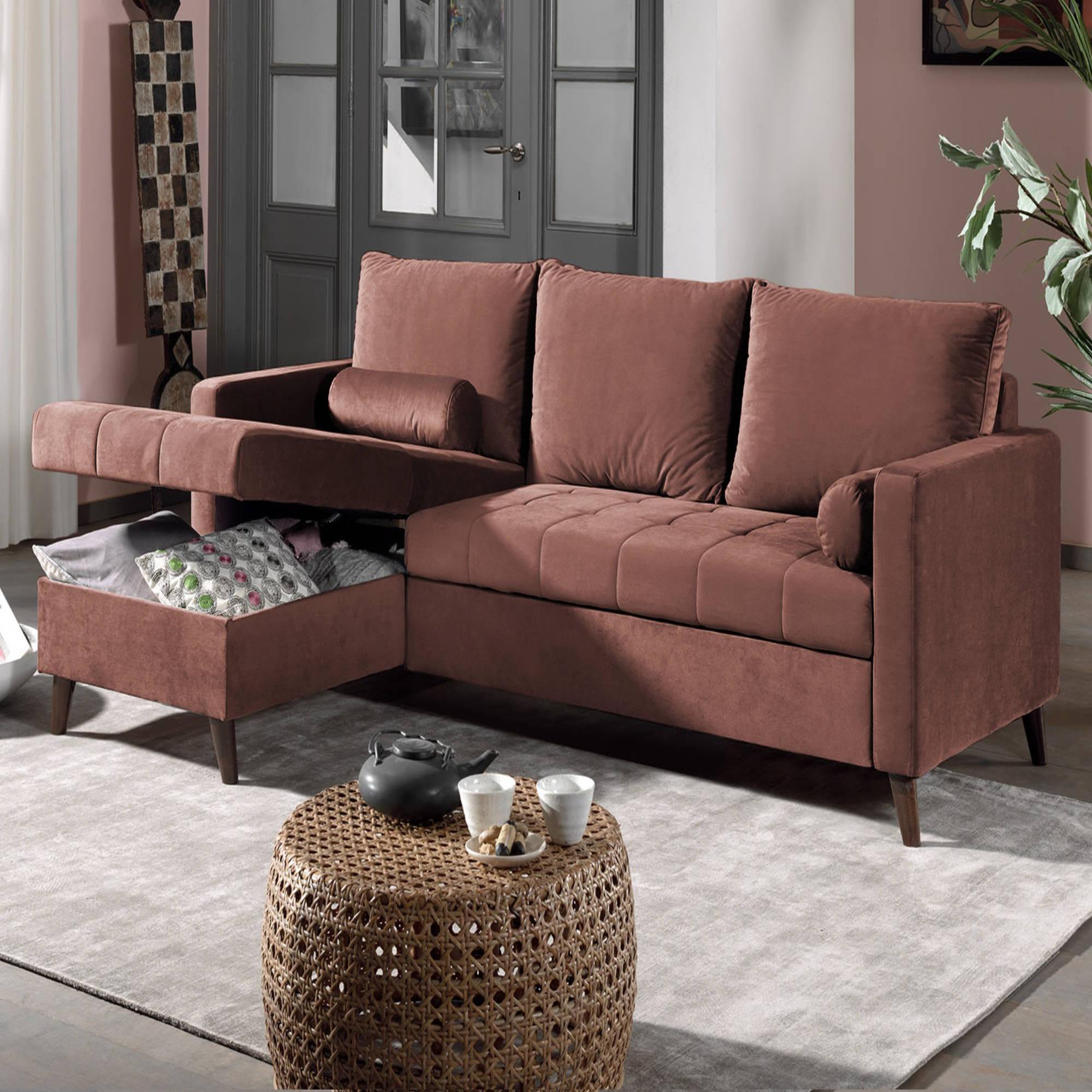 Voir la diapositive 4 : BEST MOBILIER Polar - canapé d'angle réversible convertible - en velours au design scandinave - 4 places
