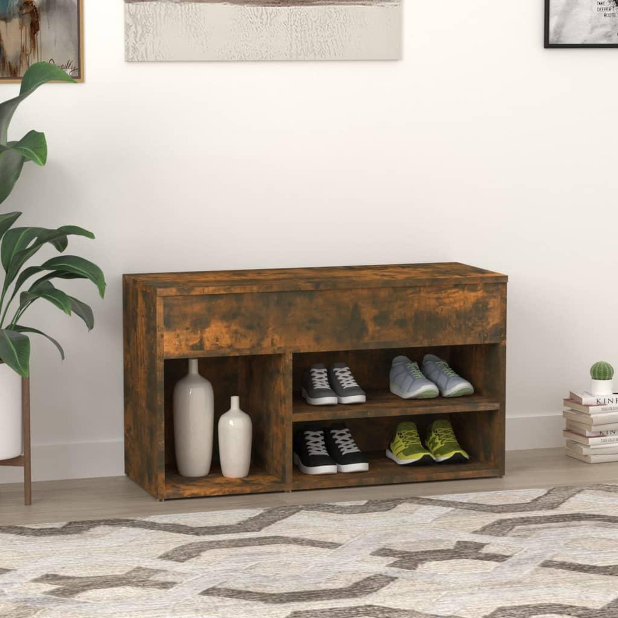 Voir la diapositive 4 : VIDAXL Banc a chaussures Chene fume 80x30x45 cm Bois d'ingenierie