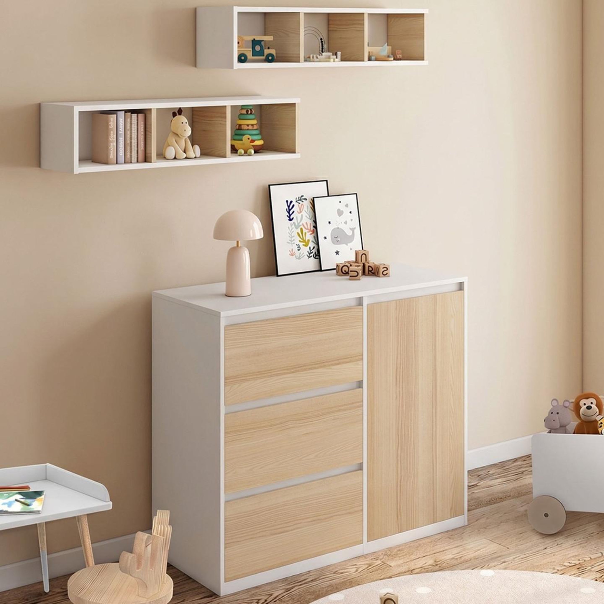Voir la diapositive 3 : ID MARKET Commode à langer évolutive ambre façon hêtre et blanc 3 tiroirs, 1 panier à linge, table à langer et 2 étagères amovibles