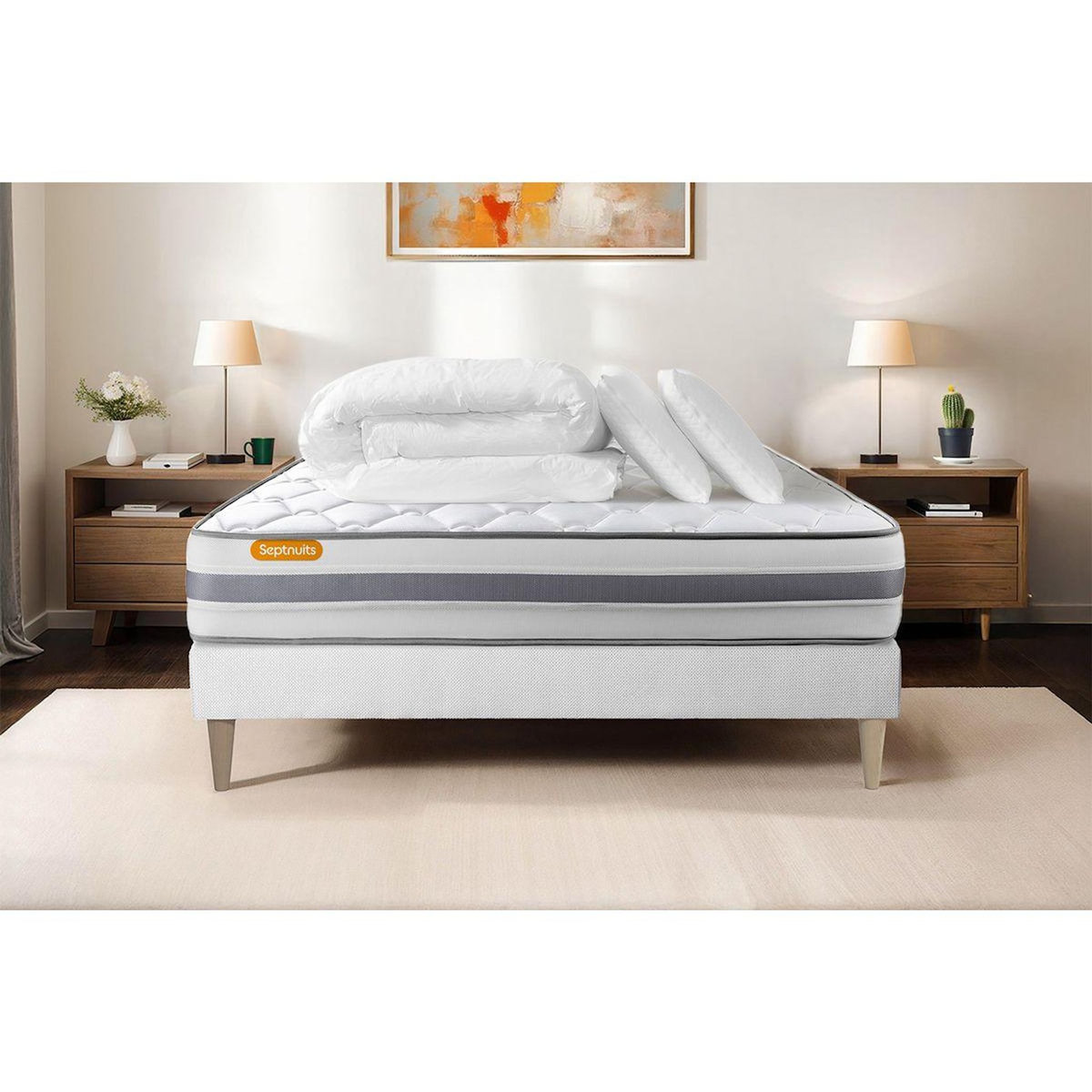 SEPTNUITS Pack matelas + sommier  Memo Spring Ressorts ensachés 3 zones MAXI épaisseur + Couette + 2 oreillers