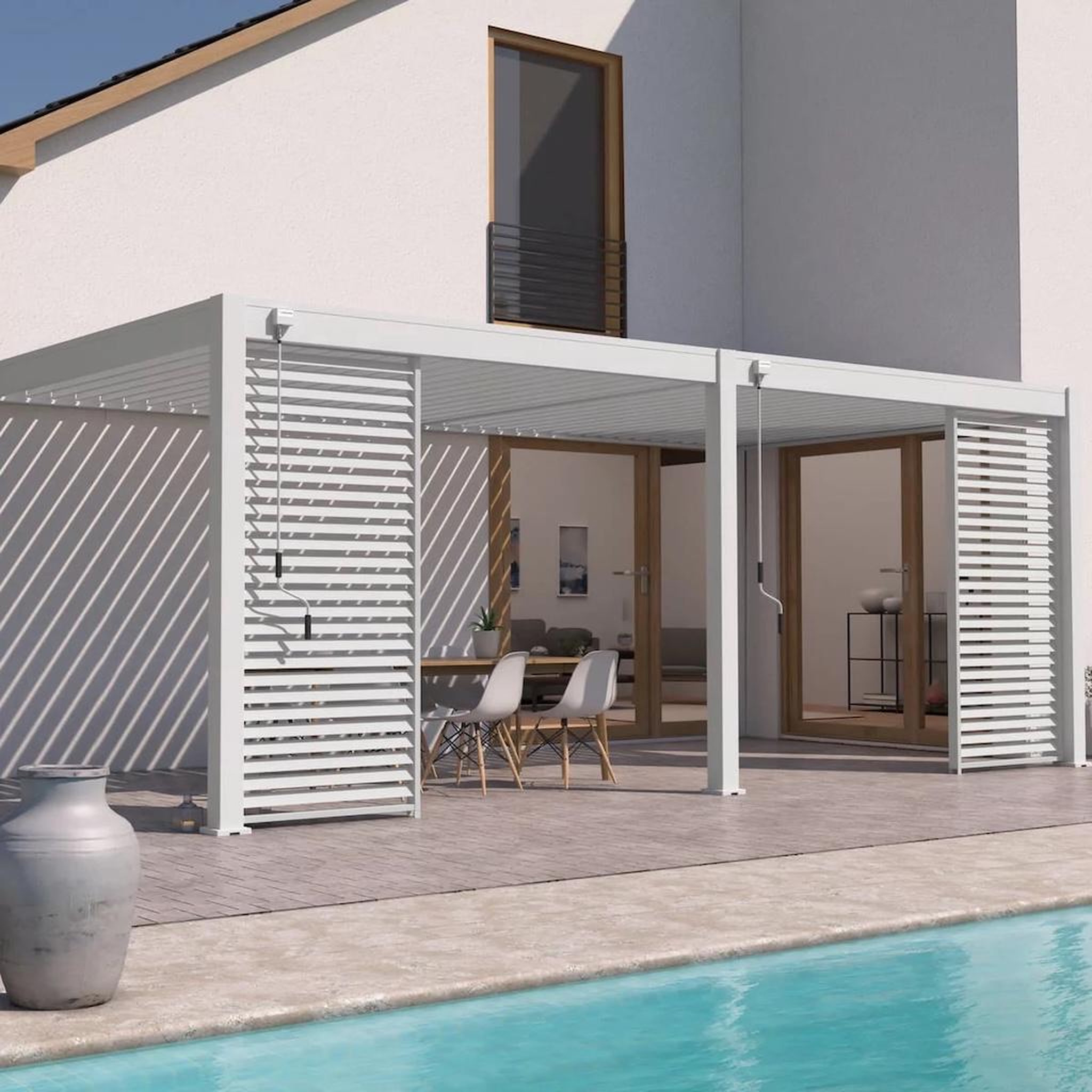 Chalet & jardin Pergola bioclimatique - Ombréa - adossée - 3x6M - Blanc - Version 2 - 300x600x258 cm