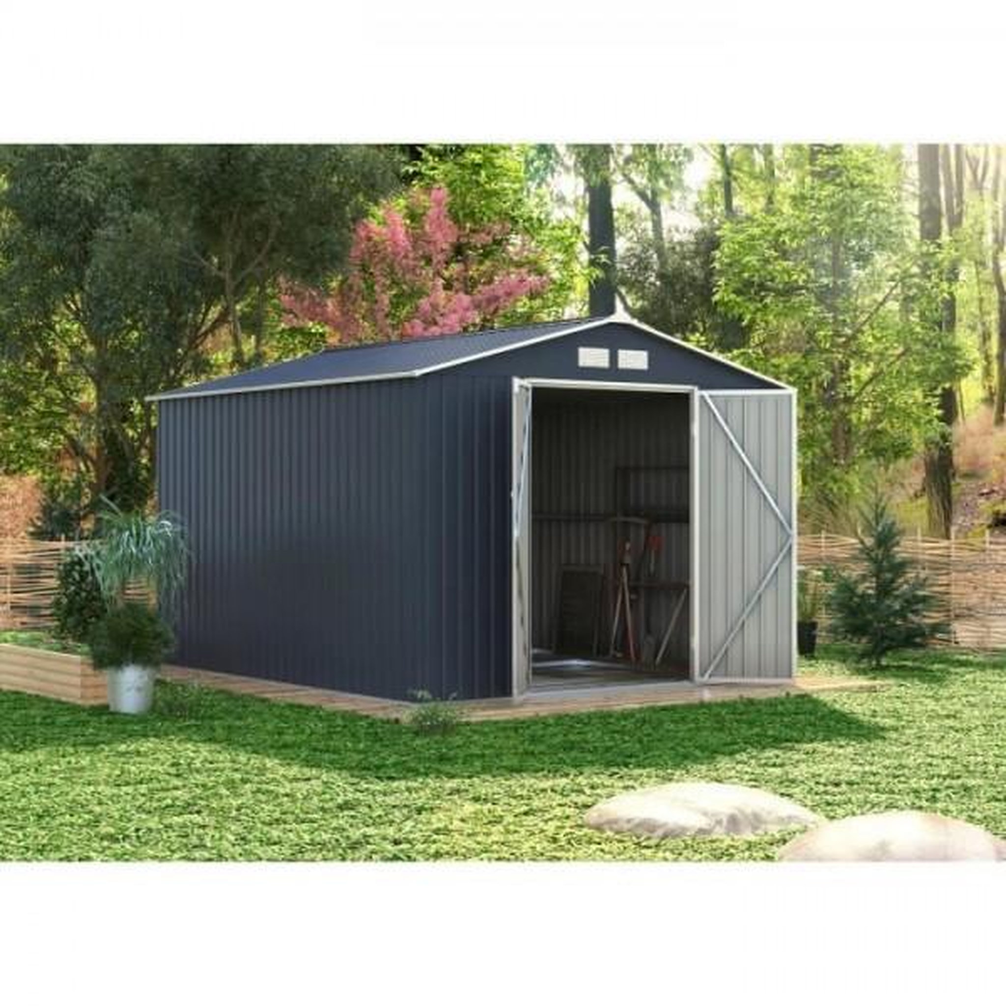 Voir la diapositive 2 : MARKET24 VELASCO Abri de jardin en métal 8,84 m² - 277 x 319 x 202 cm - Kit d'ancrage inclus, 2 portes battantes - Gris