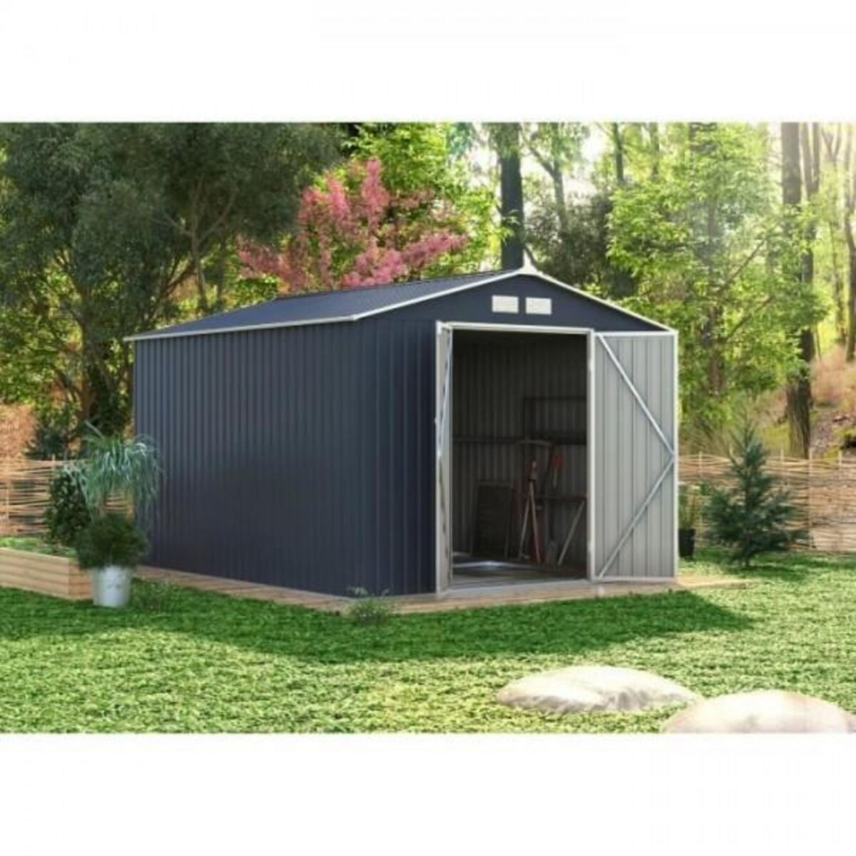 MARKET24 VELASCO Abri de jardin en métal 8,84 m² - 277 x 319 x 202 cm - Kit d'ancrage inclus, 2 portes battantes - Gris