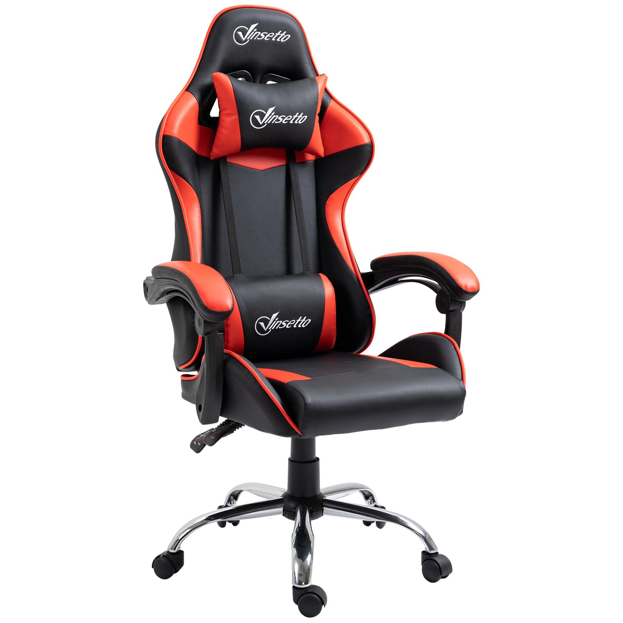 Voir la diapositive 1 : VINSETTO Fauteuil de bureau gamer style baquet racing - pivotant, inclinable - coussins tétière et lombaires inclus - revêtement PU rouge noir