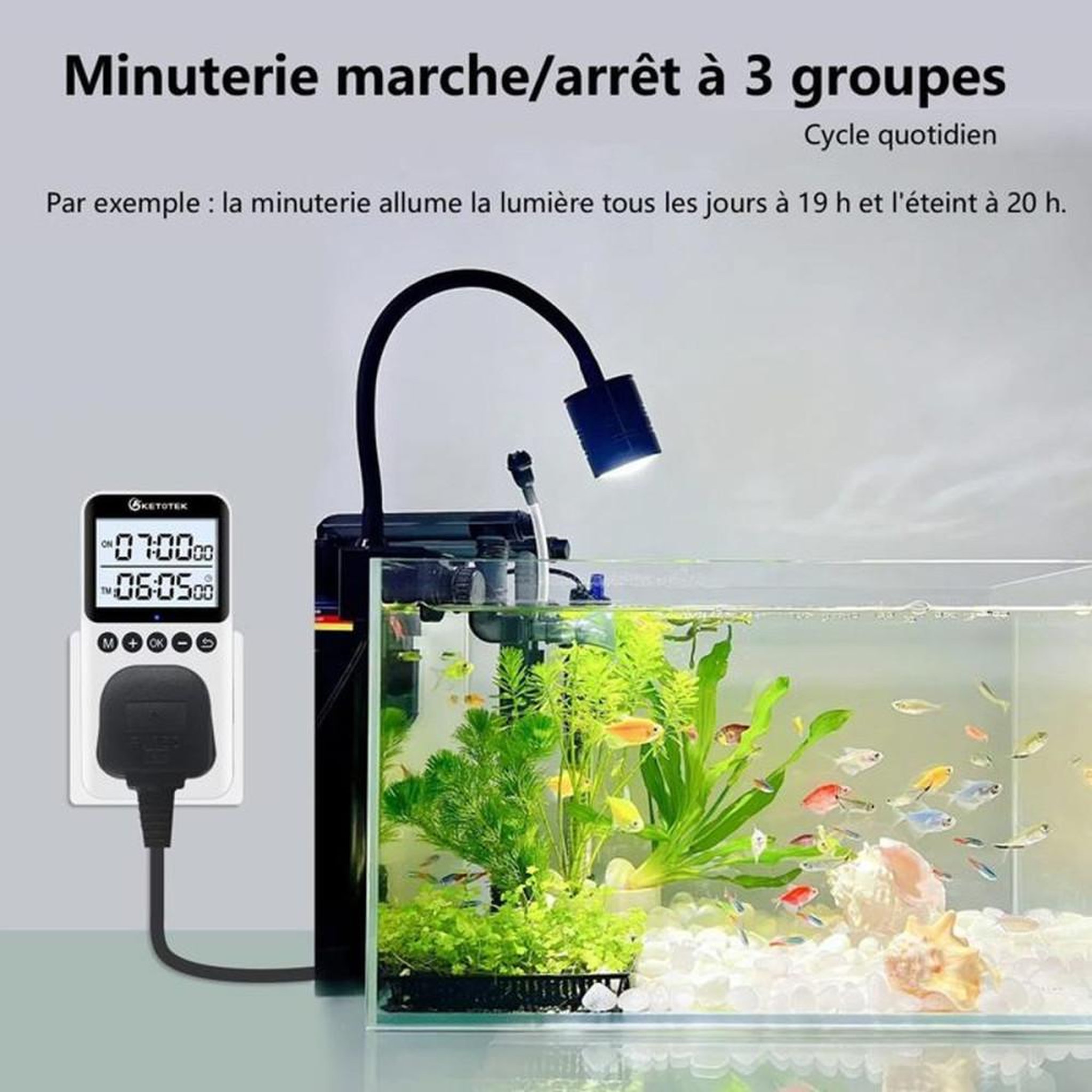 Voir la diapositive 3 : Prise programmateur numérique KETOTEK avec minuteur digital, écran LCD rétroéclairé HD, 3 programmes On/Off, mode cycle et compte à rebours, pour usage intérieur, blanc