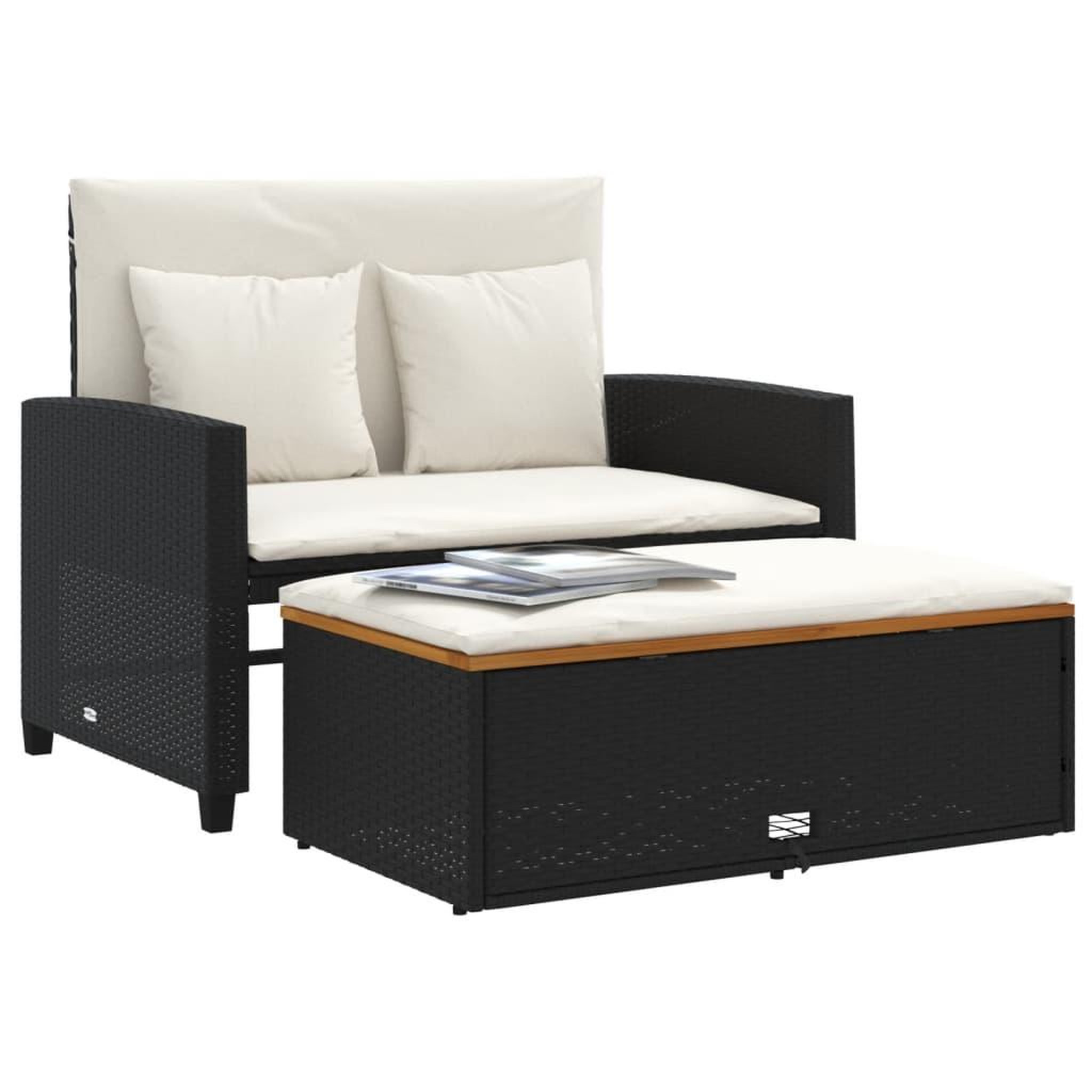 Voir la diapositive 4 : VIDAXL Canape de jardin 2 places coussins noir resine tressee&acacia
