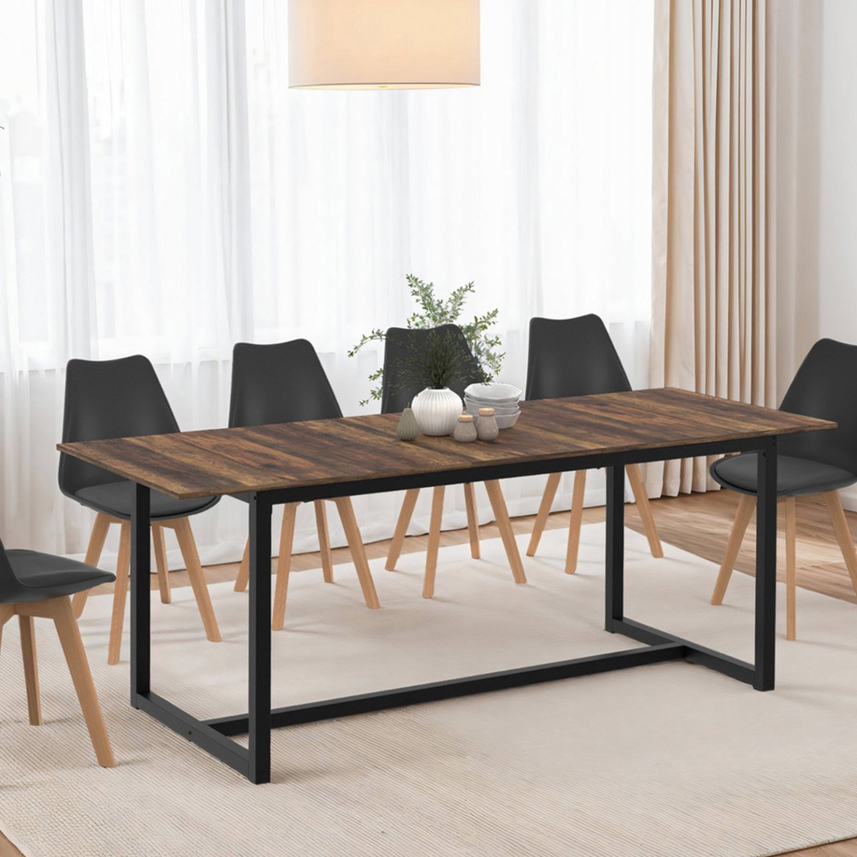 ID MARKET Table à manger extensible rectangle HAWKINS 6-10 personnes bois foncé 160-200 cm