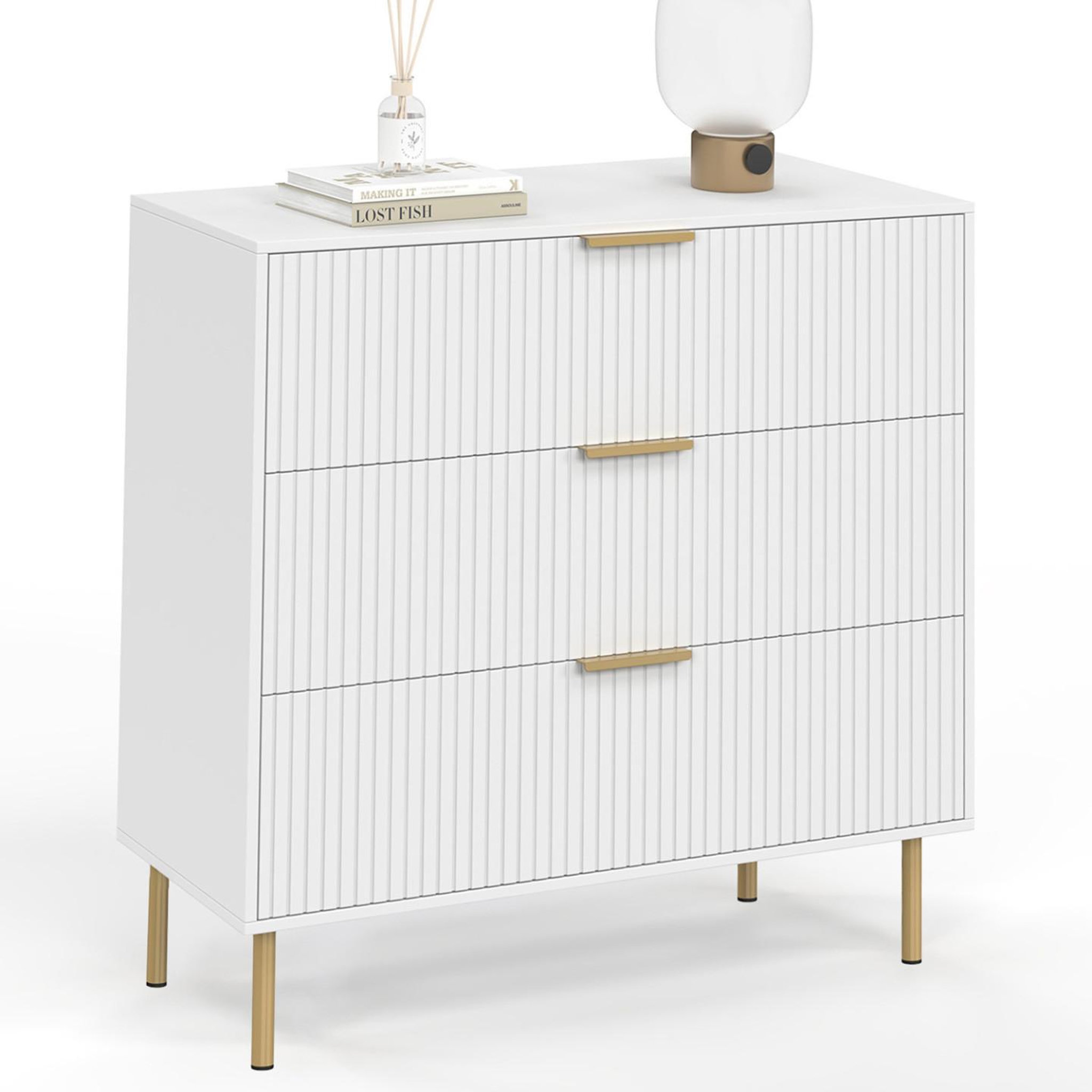 Voir la diapositive 1 : ID MARKET Commode 3 tiroirs marcel 80 cm lattes blanc et doré