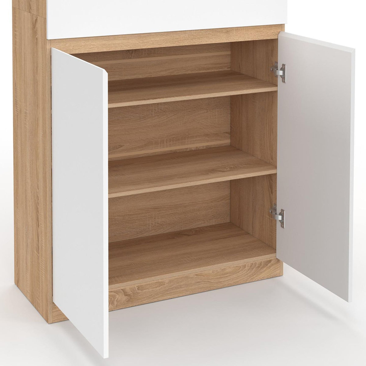 ID MARKET Armoire à chaussures 24 paires TOMI 4 portes 1 tiroir façon hêtre et blanc