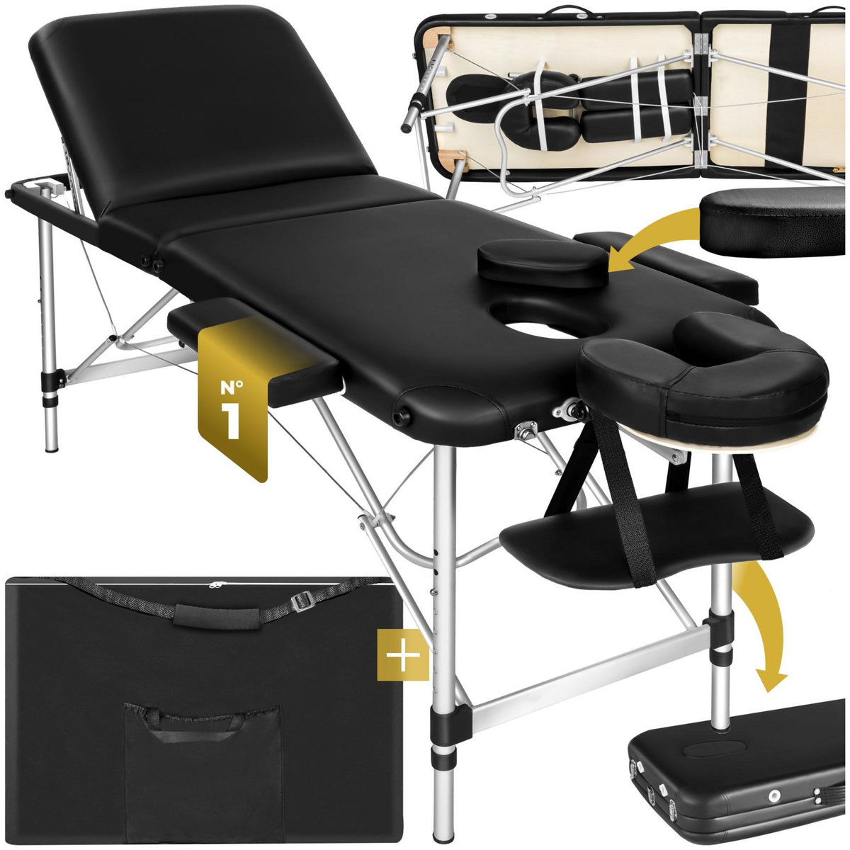 tectake Table de massage 3 zones largeur 61 cm et rembourrage 5 cm noir