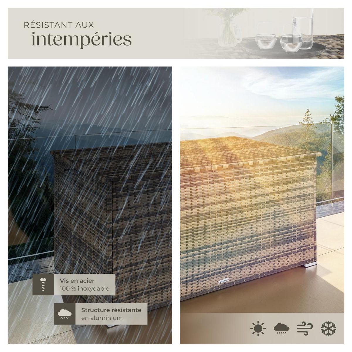 tectake Coffre de jardin caisse de rangement pour coussins 750 l, avec cadre en aluminium et tressage en rotin marron naturel