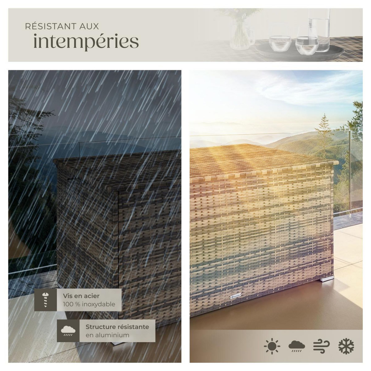 tectake Coffre de jardin caisse de rangement pour coussins 750 l, avec cadre en aluminium et tressage en rotin marron naturel