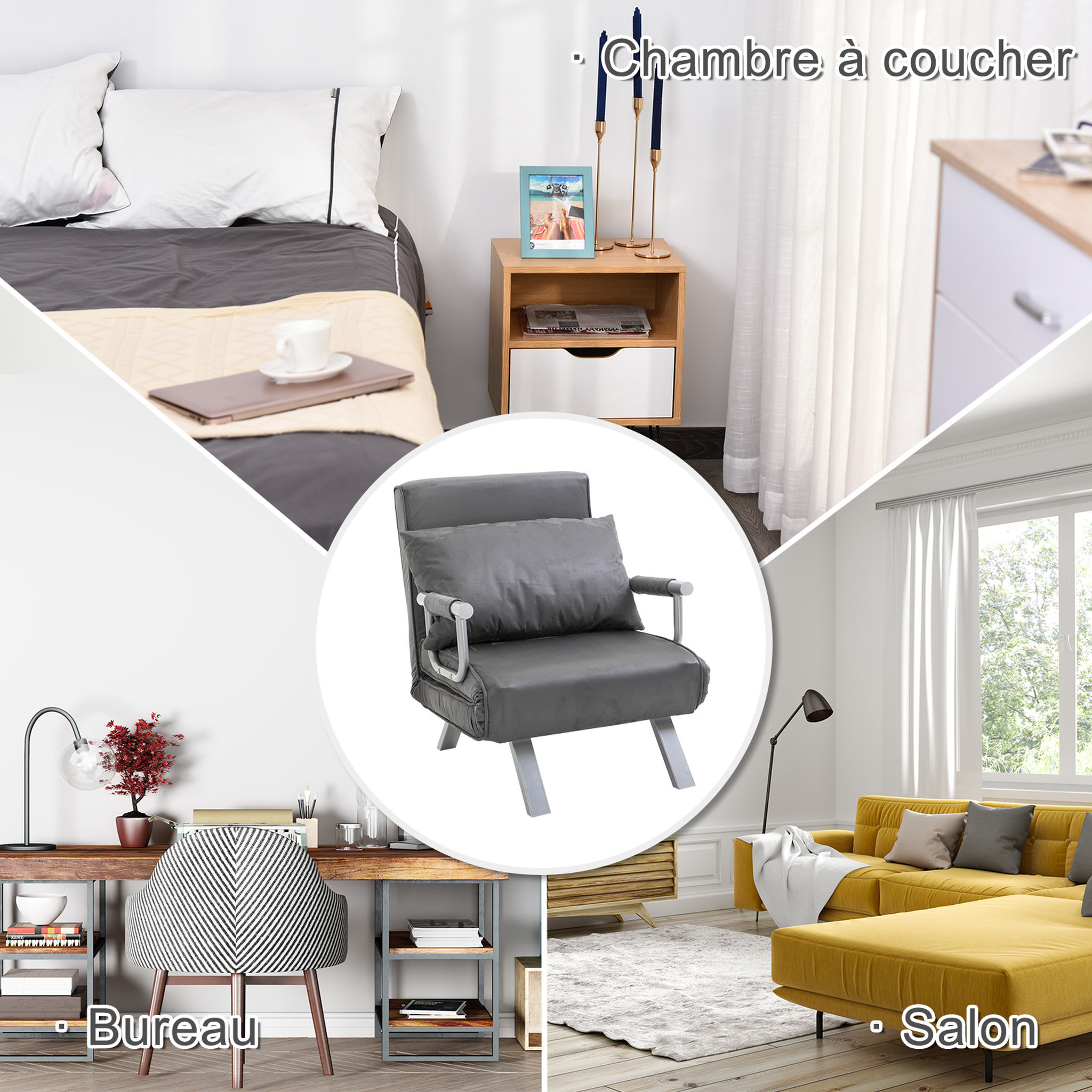 Voir la diapositive 6 : HOMCOM Fauteuil chauffeuse canapé-lit convertible 1 place déhoussable grand confort coussin pieds accoudoirs métal suède gris