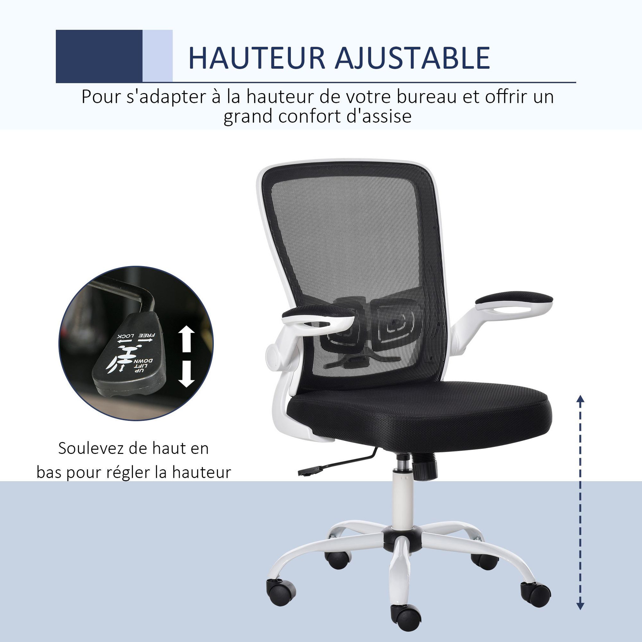 Voir la diapositive 5 : VINSETTO Vinsetto Chaise de bureau ergonomique hauteur réglable pivotante 360° accoudoirs relevables tissu maille bicolore noir blanc