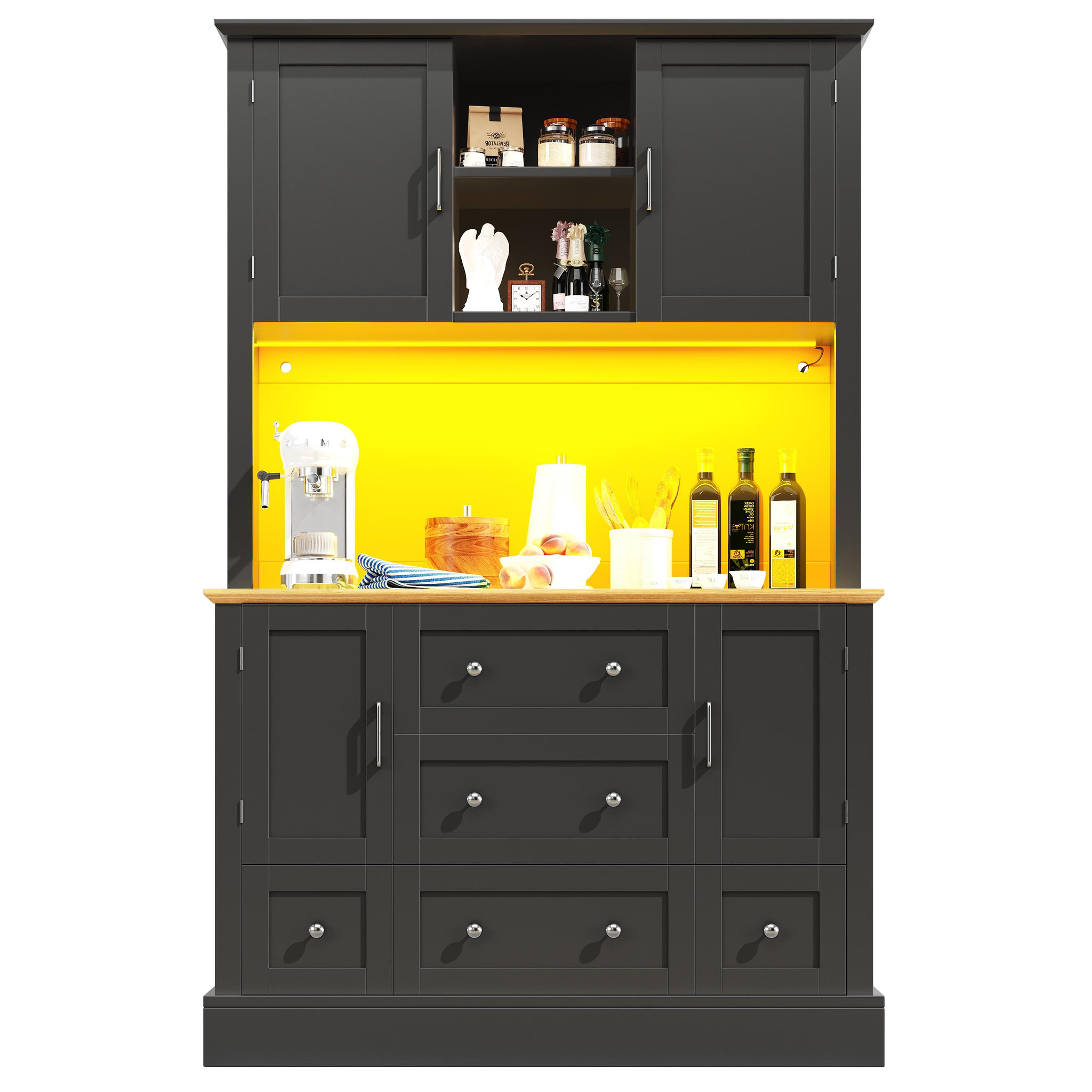 MERAX Buffet de cuisine 4 portes 3 tiroirs - 115 cm noir led mdf