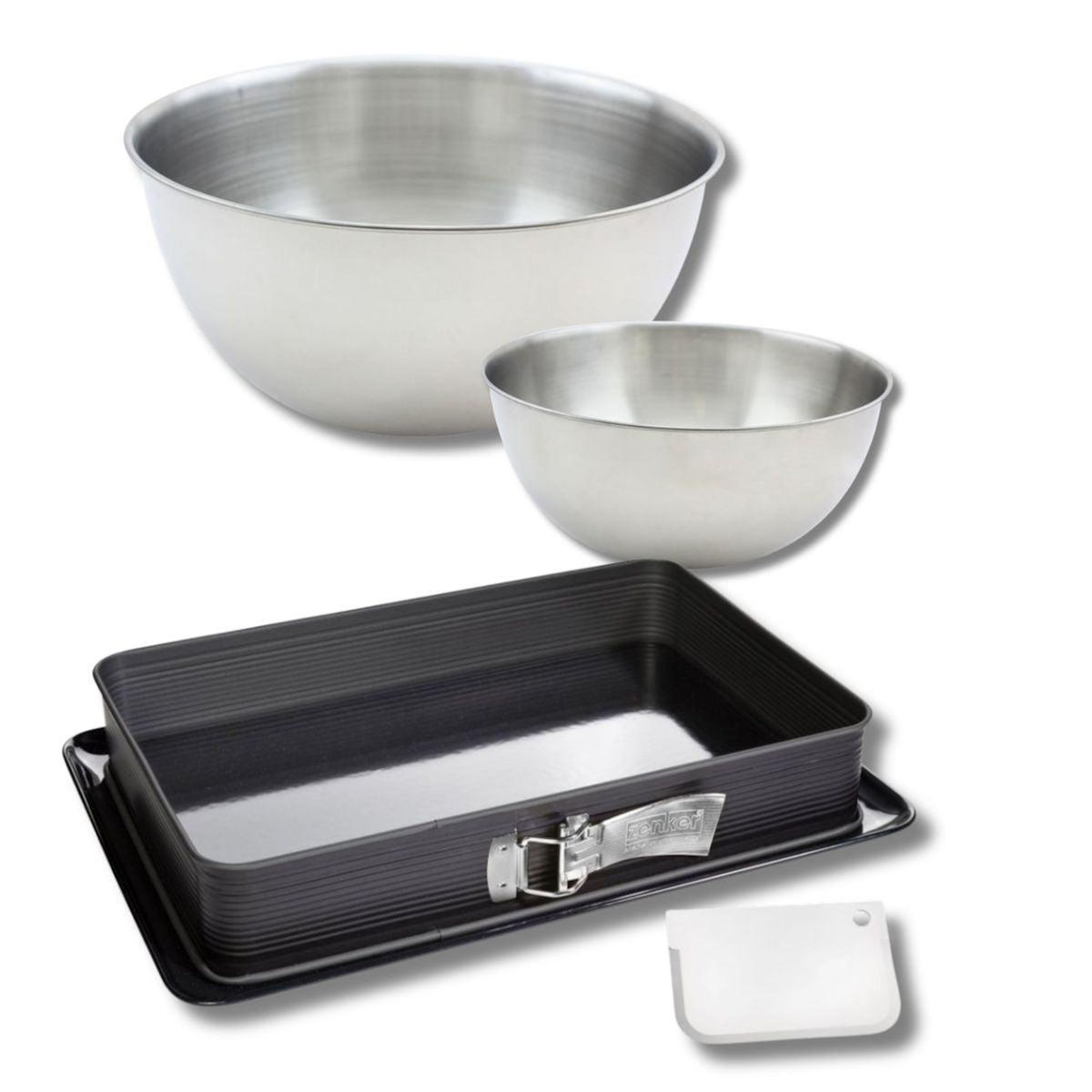 ZENKER Set à pâtisserie avec 1 Moule à gâteaux rectangulaire à charnière, 1 spatule Zenker et 2 bols à mixer en inox Fackelmann