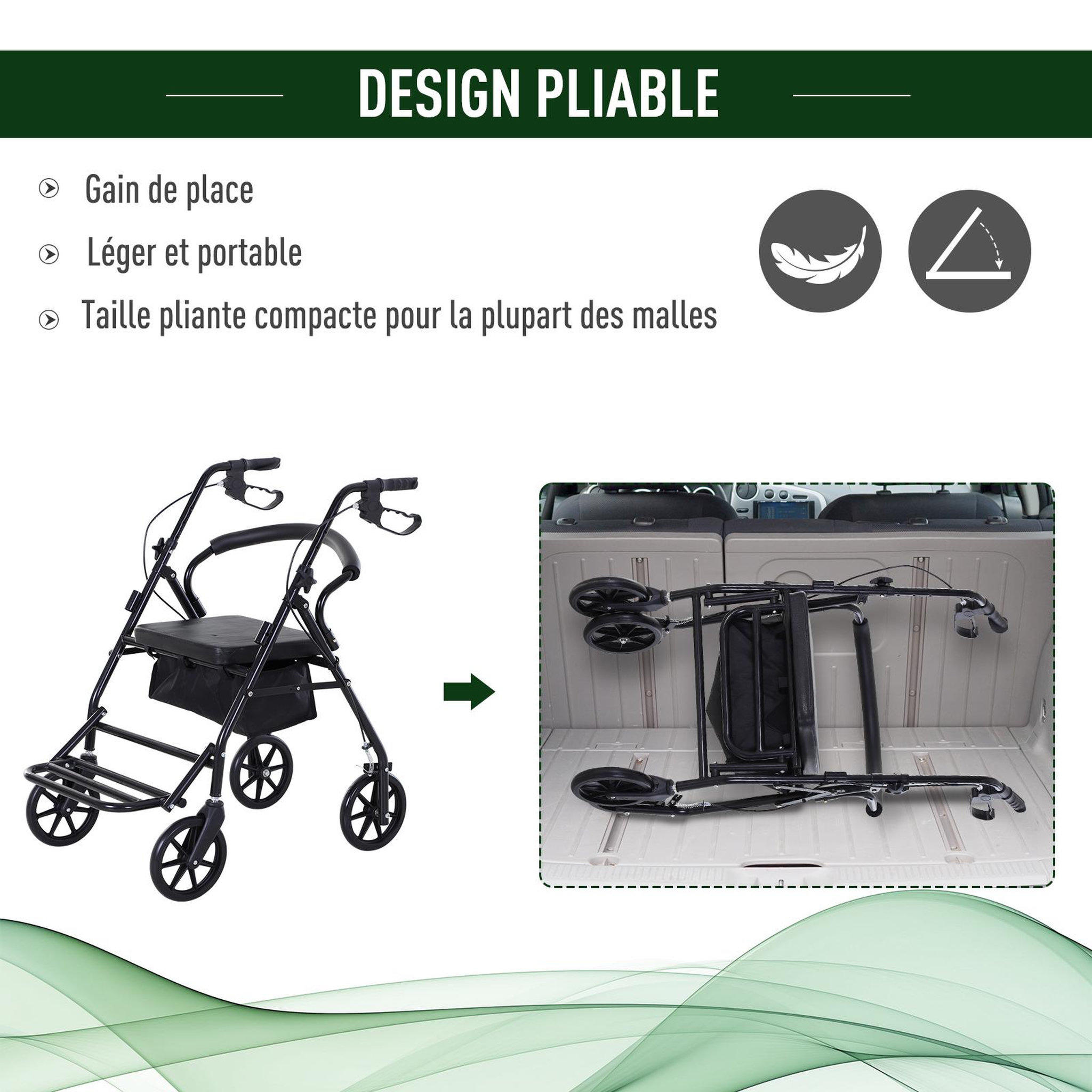 Voir la diapositive 4 : HOMCOM HOMCOM Déambulateur 4 roues - déambulateur pliable léger - assise + dossier rembourré  - poignées ergonomiques, freins à main - panier rangement - cale-pied - métal noir