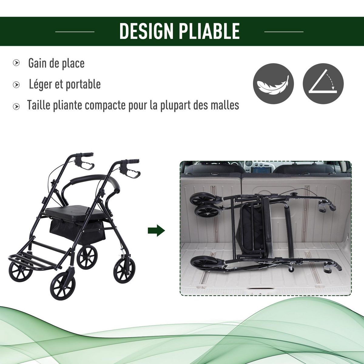 HOMCOM HOMCOM Déambulateur 4 roues - déambulateur pliable léger - assise + dossier rembourré  - poignées ergonomiques, freins à main - panier rangement - cale-pied - métal noir