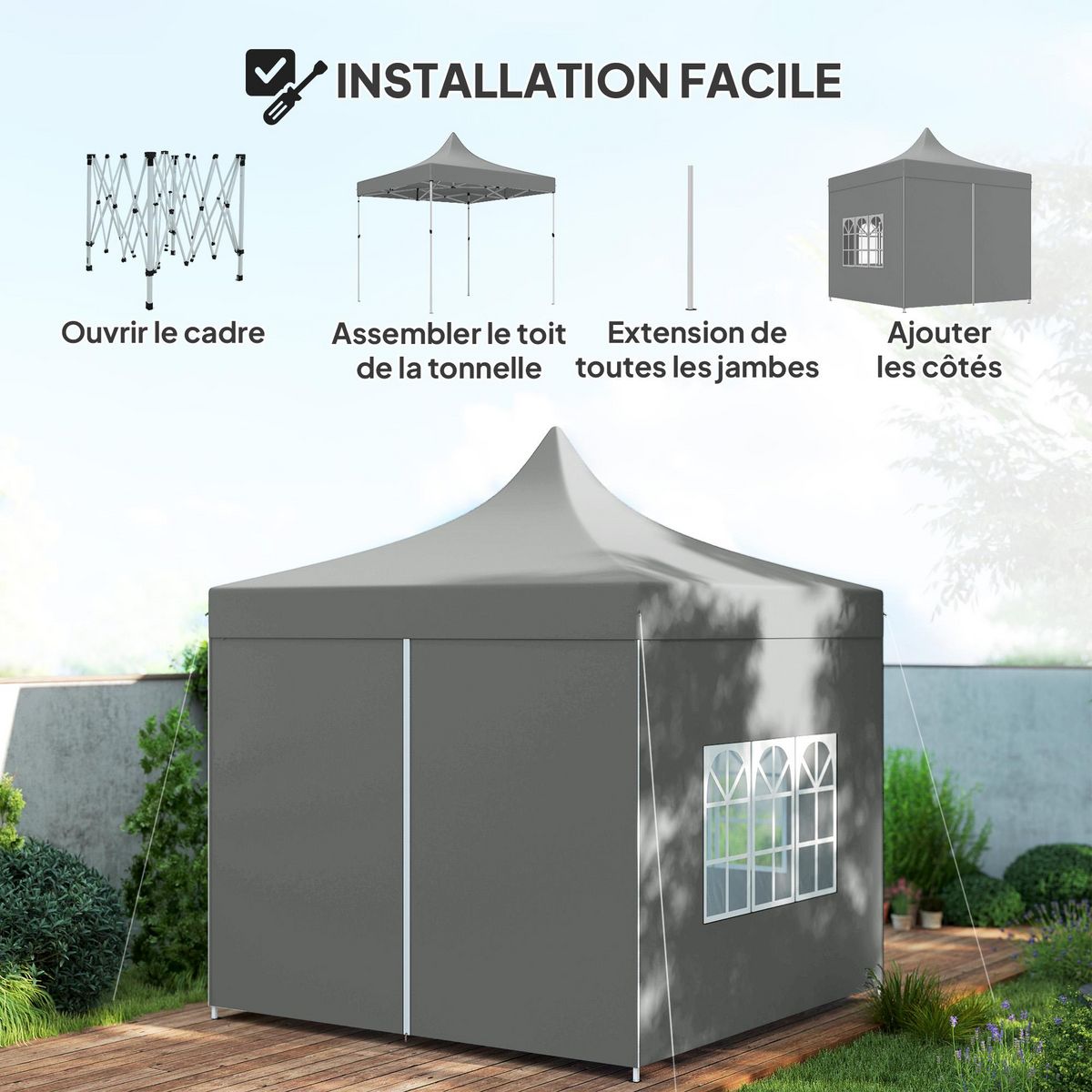 OUTSUNNY Tonnelle barnum pop-up 3 x 3 m 4 parois latérales amovibles 3 fenêtres hauteur réglable sac transport gris