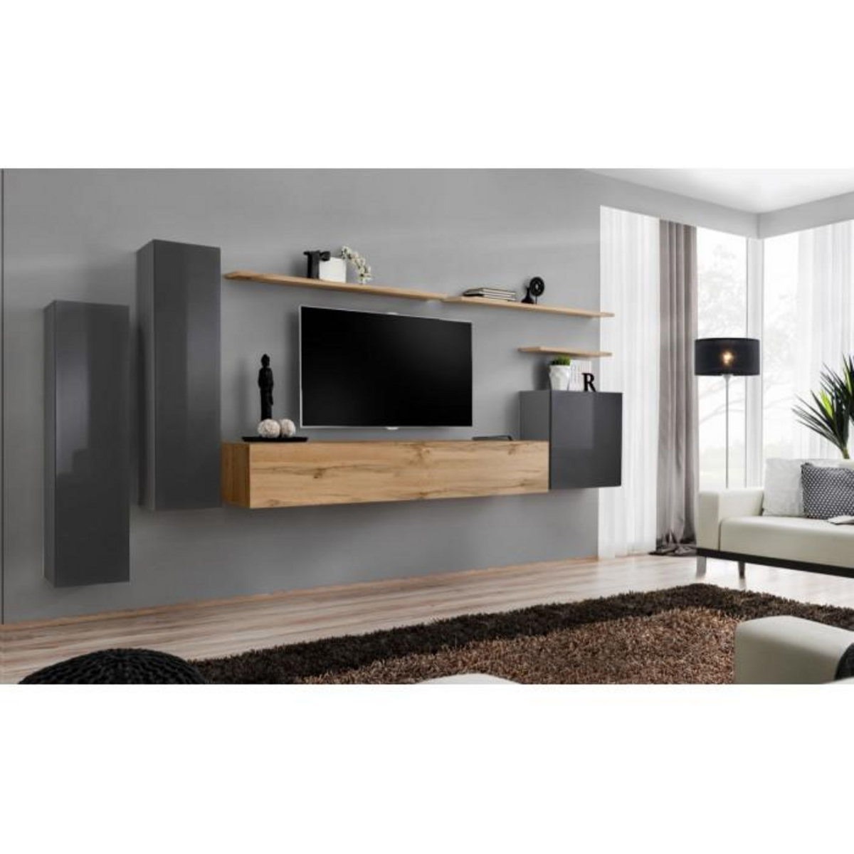 Paris Prix Meuble TV Mural Design  Switch I  330cm Gris & Naturel