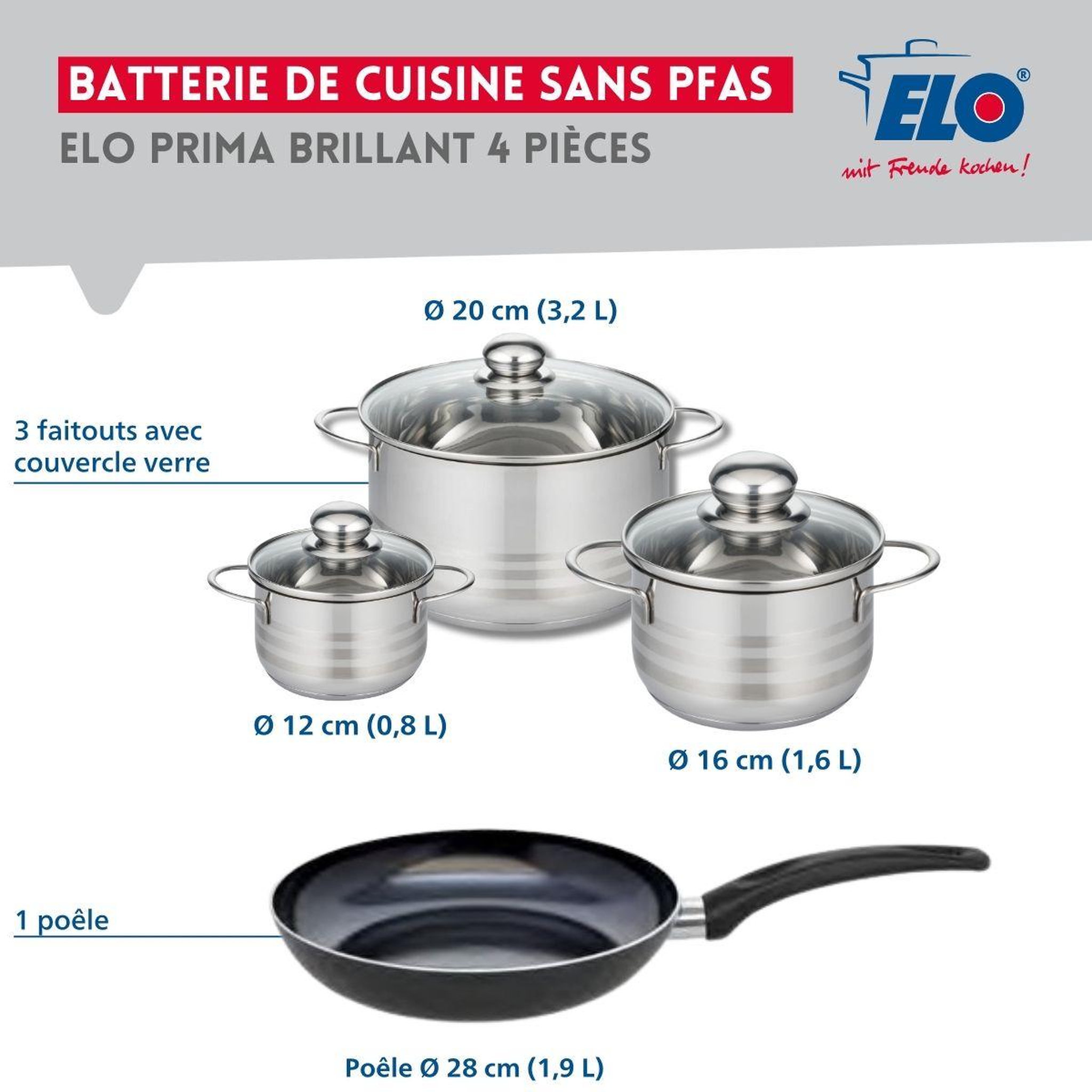 Voir la diapositive 2 : ELO Ensemble de 1 poêle de cuisson 28 cm et 3 faitouts 12, 16 et 20 cm elo prima brillant