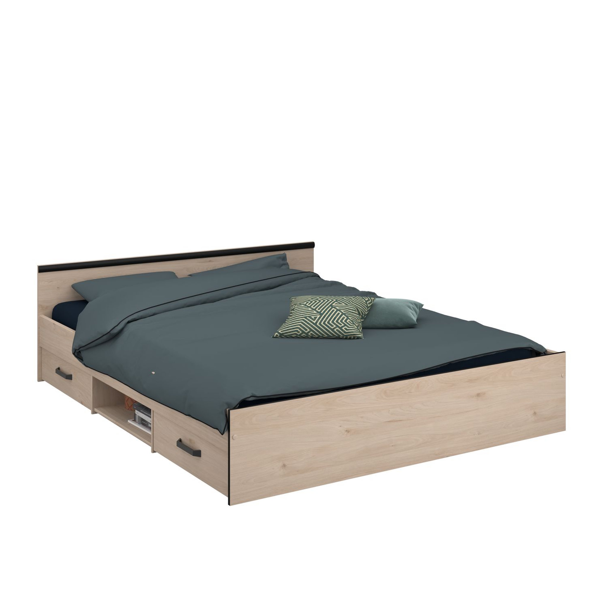 Voir la diapositive 2 : Lit double adulte avec tête de lit et rangements 160x200 cm DOWNTON