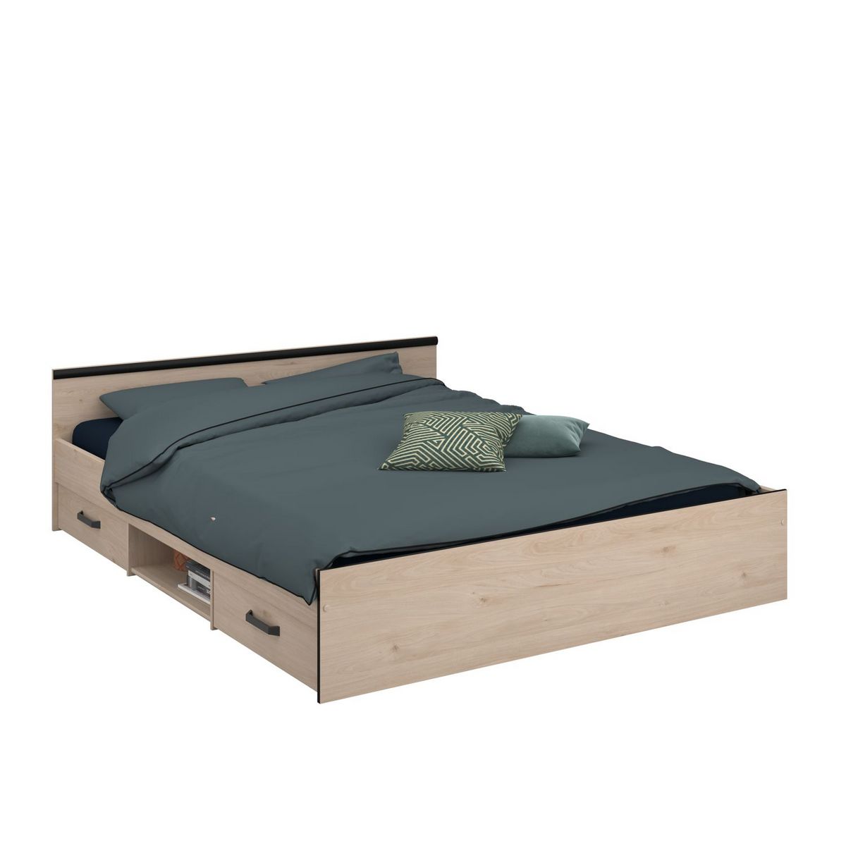 Lit double adulte avec tête de lit et rangements 160x200 cm DOWNTON