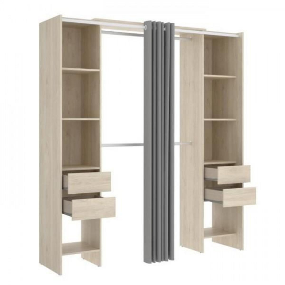 MARKET24 Kit dressing extensible avec rideau et 4 tiroirs - Décor chene naturel - L 180-113 x P 50 x H 205 cm - SUIT