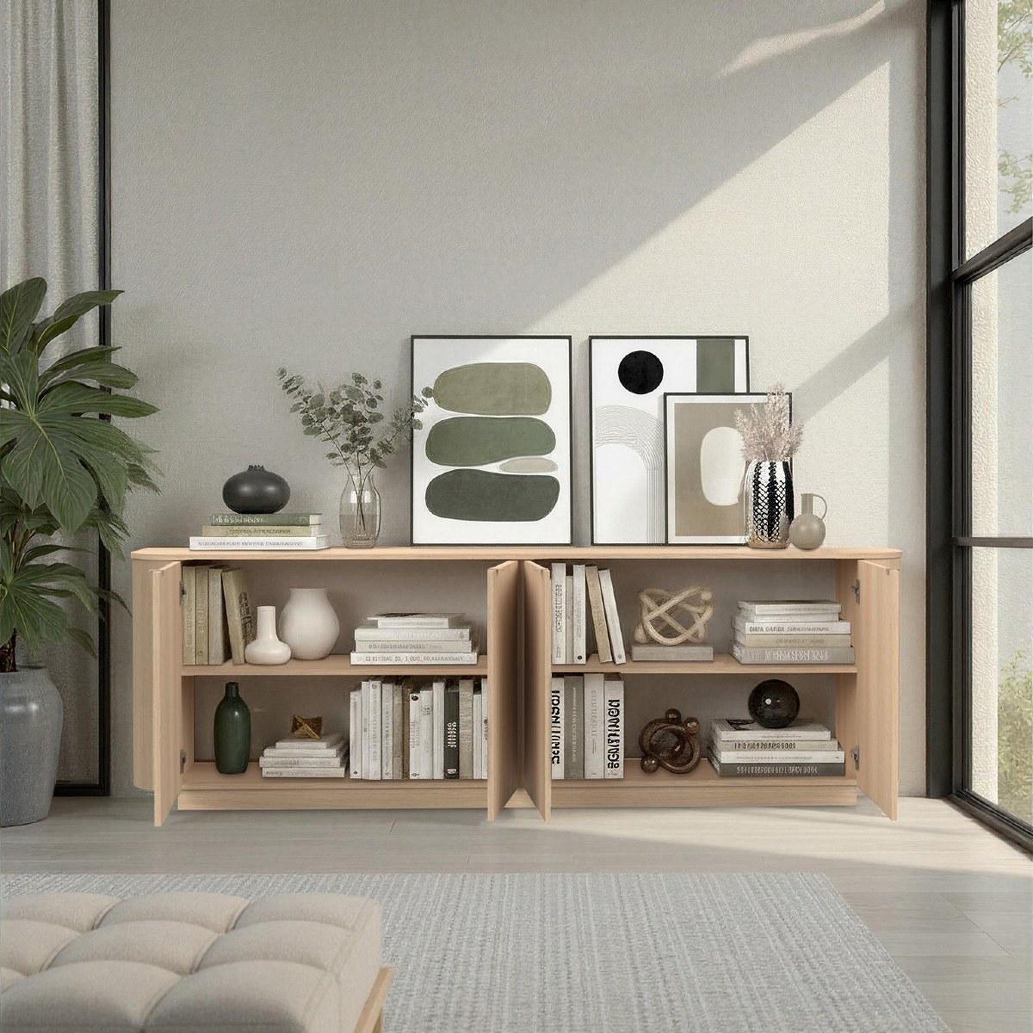 Voir la diapositive 4 : JLC KREATION Buffet bas contemporain 4 portes coloris chêne 230cm tika