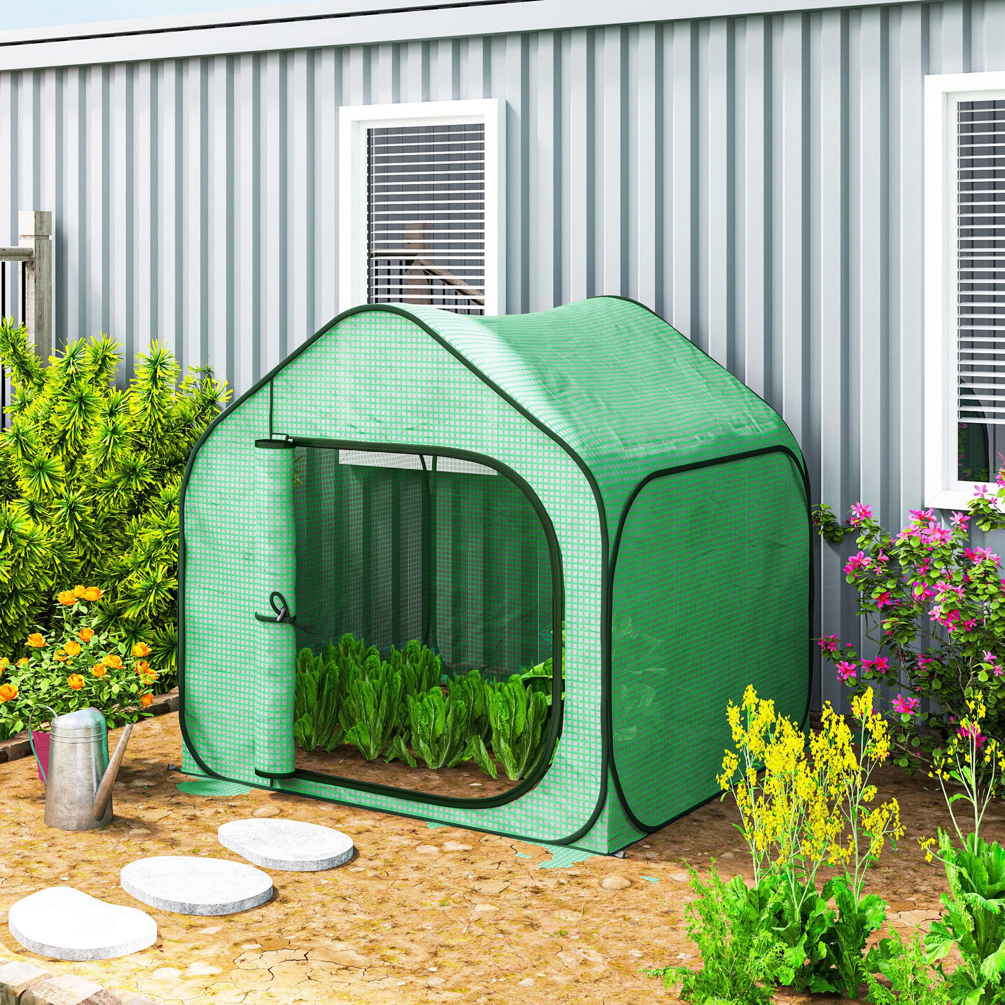 Voir la diapositive 6 : OUTSUNNY Mini serre de jardin pop up - porte zippée - dim. 150 x 148 x 148 cm - acier pe vert