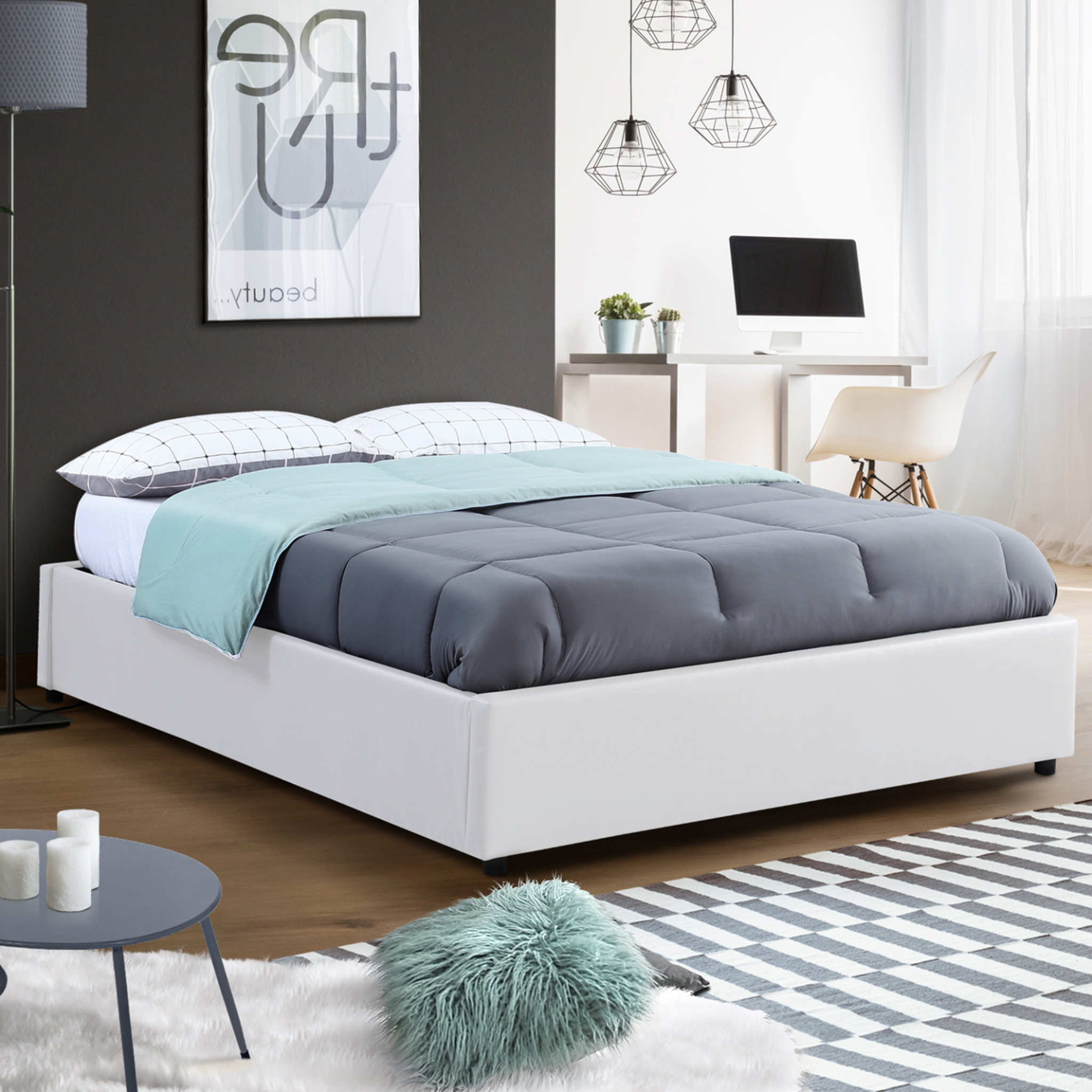 Voir la diapositive 4 : ID MARKET Lit coffre double miami avec sommier 140 x 190 cm pvc blanc