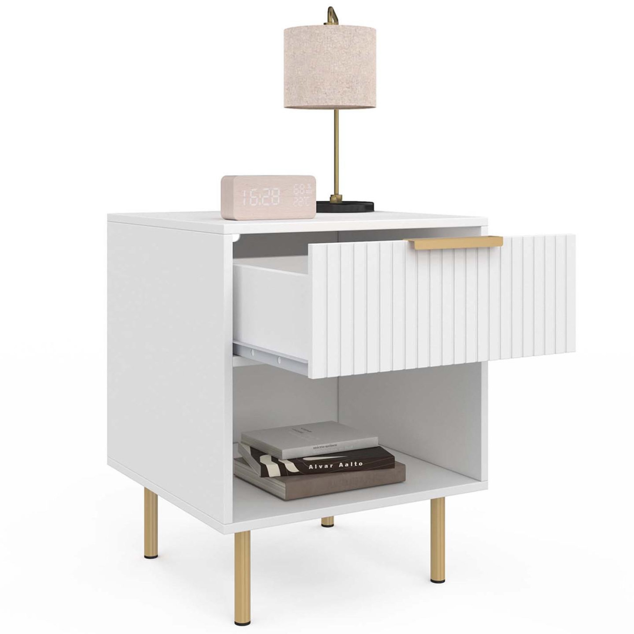 Voir la diapositive 5 : ID MARKET Lot de 2 tables de chevet MARCEL 1 tiroir avec niche effet lattes blanc et doré